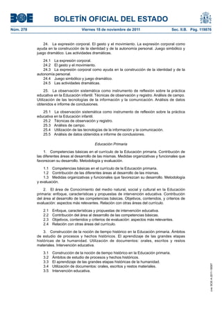 BOLETÍN OFICIAL DEL ESTADO
Núm. 278                              Viernes 18 de noviembre de 2011                         Sec. II.B. Pág. 119876


               24. La expresión corporal. El gesto y el movimiento. La expresión corporal como
           ayuda en la construcción de la identidad y de la autonomía personal. Juego simbólico y
           juego dramático. Las actividades dramáticas.

               24.1 La expresión corporal.
               24.2 El gesto y el movimiento.
               24.3 La expresión corporal como ayuda en la construcción de la identidad y de la
           autonomía personal.
               24.4 Juego simbólico y juego dramático.
               24.5 Las actividades dramáticas.

                25. La observación sistemática como instrumento de reflexión sobre la práctica
           educativa en la Educación infantil. Técnicas de observación y registro. Análisis de campo.
           Utilización de las tecnologías de la información y la comunicación. Análisis de datos
           obtenidos e informe de conclusiones.

              25.1 La observación sistemática como instrumento de reflexión sobre la práctica
           educativa en la Educación infantil.
              25.2 Técnicas de observación y registro.
              25.3 Análisis de campo.
              25.4 Utilización de las tecnologías de la información y la comunicación.
              25.5 Análisis de datos obtenidos e informe de conclusiones.

                                              Educación Primaria

               1. Competencias básicas en el currículo de la Educación primaria. Contribución de
           las diferentes áreas al desarrollo de las mismas. Medidas organizativas y funcionales que
           favorezcan su desarrollo. Metodología y evaluación.

               1.1 Competencias básicas en el currículo de la Educación primaria.
               1.2 Contribución de las diferentes áreas al desarrollo de las mismas.
               1.3 Medidas organizativas y funcionales que favorezcan su desarrollo. Metodología
           y evaluación.

               2. El área de Conocimiento del medio natural, social y cultural en la Educación
           primaria: enfoque, características y propuestas de intervención educativa. Contribución
           del área al desarrollo de las competencias básicas. Objetivos, contenidos, y criterios de
           evaluación: aspectos más relevantes. Relación con otras áreas del currículo.

              2.1   Enfoque, características y propuestas de intervención educativa.
              2.2   Contribución del área al desarrollo de las competencias básicas.
              2.3   Objetivos, contenidos y criterios de evaluación: aspectos más relevantes.
              2.4   Relación con otras áreas del currículo.

               3. Construcción de la noción de tiempo histórico en la Educación primaria. Ámbitos
           de estudio de procesos y hechos históricos. El aprendizaje de las grandes etapas
           históricas de la humanidad. Utilización de documentos: orales, escritos y restos
           materiales. Intervención educativa.

              3.1   Construcción de la noción de tiempo histórico en la Educación primaria.
              3.2   Ámbitos de estudio de procesos y hechos históricos.
              3.3   El aprendizaje de las grandes etapas históricas de la humanidad.
                                                                                                                   cve: BOE-A-2011-18097




              3.4   Utilización de documentos: orales, escritos y restos materiales.
              3.5   Intervención educativa.
 