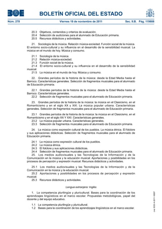 BOLETÍN OFICIAL DEL ESTADO
Núm. 278                               Viernes 18 de noviembre de 2011                        Sec. II.B. Pág. 119888


              20.3     Objetivos, contenidos y criterios de evaluación.
              20.4     Selección de audiciones para el alumnado de Educación primaria.
              20.5     Recursos didácticos y actividades.

               21. Sociología de la música. Relación música-sociedad. Función social de la música.
           El entorno socio-cultural y su influencia en el desarrollo de la sensibilidad musical. La
           música en el mundo de hoy. Música y consumo.

              21.1     Sociología de la música.
              21.2     Relación música-sociedad.
              21.3     Función social de la música.
              21.4     El entorno socio-cultural y su influencia en el desarrollo de la sensibilidad
           musical.
              21.5     La música en el mundo de hoy. Música y consumo.

              22. Grandes períodos de la historia de la música: desde la Edad Media hasta el
           Barroco. Características generales. Selección de fragmentos musicales para el alumnado
           de Educación primaria.

              22.1 Grandes períodos de la historia de la música: desde la Edad Media hasta el
           Barroco. Características generales.
              22.2 Selección de fragmentos musicales para el alumnado de Educación primaria.

              23. Grandes períodos de la historia de la música: la música en el Clasicismo, en el
           Romanticismo y en el siglo XX y XXI. La música popular urbana. Características
           generales. Selección de fragmentos musicales para el alumnado de Educación primaria.

              23.1 Grandes períodos de la historia de la música: la música en el Clasicismo, en el
           Romanticismo y en el siglo XX Y XXI. Características generales.
              23.2 La música popular urbana. Características generales.
              23.3 Selección de fragmentos musicales para el alumnado de Educación primaria.

               24. La música como expresión cultural de los pueblos. La música étnica. El folclore
           y sus aplicaciones didácticas. Selección de fragmentos musicales para el alumnado de
           Educación primaria.

               24.1 La música como expresión cultural de los pueblos.
               24.2 La música étnica.
               24.3 El folclore y sus aplicaciones didácticas.
               24.4 Selección de fragmentos musicales para el alumnado de Educación primaria.
               25. Los medios audiovisuales y las Tecnologías de la Información y de la
           Comunicación en la música y la educación musical. Aportaciones y posibilidades en los
           procesos de percepción y expresión musical. Recursos didácticos y actividades.

              25.1 Los medios audiovisuales y las Tecnologías de la Información y de la
           Comunicación en la música y la educación musical.
              25.2 Aportaciones y posibilidades en los procesos de percepción y expresión
           musical.
              25.3 Recursos didácticos y actividades.

                                            Lengua extranjera: Inglés

              1. La competencia plurilingüe y pluricultural. Bases para la coordinación de los
                                                                                                                   cve: BOE-A-2011-18097




           aprendizajes lingüísticos en el marco escolar. Propuestas metodológicas, papel del
           docente y del equipo educativo.

              1.1     La competencia plurilingüe y pluricultural.
              1.2     Bases para la coordinación de los aprendizajes lingüísticos en el marco escolar.
 