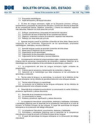 BOLETÍN OFICIAL DEL ESTADO
Núm. 278                              Viernes 18 de noviembre de 2011                        Sec. II.B. Pág. 119889


              1.3   Propuestas metodológicas.
              1.4   Papel del docente y del equipo educativo.

               2. El área de Lengua extranjera: inglés en la Educación primaria: enfoque,
           características y propuestas de intervención educativa. Contribución del área al desarrollo
           de las competencias básicas. Objetivos, contenidos, y criterios de evaluación: aspectos
           más relevantes. Relación con otras áreas del currículo.

              2.1   Enfoque, características y propuestas de intervención educativa.
              2.2   Contribución del área al desarrollo de las competencias básicas.
              2.3   Objetivos, contenidos y criterios de evaluación: aspectos más relevantes.
              2.4   Relación con otras áreas del currículo.

               3. Aprender lenguas cuando se aprenden contenidos de otras áreas. Bases para la
           integración de los contenidos. Organización de los aprendizajes, propuestas
           metodológicas, materiales y recursos didácticos.

              3.1 Aprender lenguas cuando se aprenden contenidos de otras áreas.
              3.2 Bases para la integración de los contenidos.
              3.3 Organización de los aprendizajes.
              3.4 Organización de las propuestas metodológicas.
              3.5 Organización de los materiales y recursos didácticos.

               4. La programación del área de Lengua extranjera inglés: unidades de programación.
           Criterios para la secuencia y temporización de contenidos y objetivos. Selección de la
           metodología que debe emplearse en las actividades de aprendizaje y evaluación.

              4.1 La programación del área de Lengua extranjera inglés: unidades de
           programación.
              4.2 Criterios para la secuencia y temporización de contenidos y objetivos.
              4.3 Selección de la metodología que debe emplearse en las actividades de
           aprendizaje y evaluación.

               5. Teorías sobre la lengua y su aprendizaje. La evolución de la didáctica de las
           lenguas extranjeras: de los métodos de gramática-traducción a los enfoques actuales.

              5.1 Teorías sobre la lengua y su aprendizaje.
              5.2 La evolución de la didáctica de las lenguas extranjeras: de los métodos de
           gramática-traducción a los enfoques actuales.

               6. Desarrollo de la competencia sociocultural. La comunicación no verbal. Kinésica y
           proxémica: significación y valores discursivos.

              6.1   Desarrollo de la competencia sociocultural.
              6.2   La comunicación no verbal.
              6.3   Kinésica y proxémica: significación y valores discursivos.

               7. La competencia intercultural: conocimientos, destrezas y habilidades. Actividades
           y estrategias didácticas para el desarrollo de la competencia intercultural en el aula de
           primaria: el Portfolio Europeo de las Lenguas. El papel del aprendizaje de lenguas
           extranjeras en la consecución del diálogo intercultural.

               7.1 La competencia intercultural: conocimientos, destrezas y habilidades.
                                                                                                                  cve: BOE-A-2011-18097




               7.2 Actividades y estrategias didácticas para el desarrollo de la competencia
           intercultural en el aula de primaria: el Portfolio Europeo de las Lenguas.
               7.3 El papel del aprendizaje de lenguas extranjeras en la consecución del diálogo
           intercultural.
 