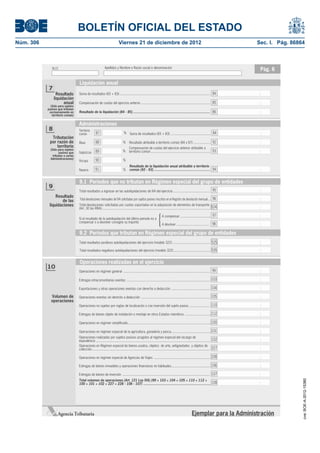 BOLETÍN OFICIAL DEL ESTADO
Núm. 306	                                                                    Viernes 21 de diciembre de 2012	                                                                           Sec. I. Pág. 86864



                                                               Apellidos y Nombre o Razón social o denominación
               N.I.F.                                                                                                                                                                    Pág. 6

                                    Liquidación anual
            7
                  Resultado         Suma de resultados (65 + 83) .................................................................................................... 84
                liquidación
                      anual         Compensación de cuotas del ejercicio anterior ............................................................................. 85
              (Sólo para sujetos
            pasivos que tributan
             exclusivamente en      Resultado de la liquidación (84 - 85) ............................................................................... 86
               territorio común)


                                    Administraciones
            8                       Territorio
                                    común            87                            % Suma de resultados (65 + 83) ............................................. 84
              Tributación
             por razón de           Álava            88                           %     Resultado atribuible a territorio común (84 x 87) ................... 92
                 territorio                                                             Compensación de cuotas del ejercicio anterior atribuible a
              (Sólo para sujetos
                     pasivos que    Guipúzcoa        89                           %     territorio común .................................................................. 93
                tributan a varias
              Administraciones)
                                    Vizcaya          90                           %
                                                                                        Resultado de la liquidación anual atribuible a territorio
                                    Navarra          91                           %     común (92 - 93) .......................................................... 94


                                    9.1 Períodos que no tributan en Régimen especial del grupo de entidades
            9
                                    Total resultados a ingresar en las autoliquidaciones de IVA del ejercicio ......................................... 95
                 Resultado
                                    Total devoluciones mensuales de IVA solicitadas por sujetos pasivos inscritos en el Registro de devolución mensual.... 96
                    de las
             liquidaciones          Total devoluciones solicitadas por cuotas soportadas en la adquisición de elementos de transporte
                                    (Art. 30 bis RIVA) ........................................................................................................................ 524



                                                                                                                       {
                                                                                                                           A compensar .................................. 97
                                    Si el resultado de la autoliquidación del último periodo es a
                                    compensar o a devolver consigne su importe:
                                                                                                                           A devolver .................................... 98

                                    9.2 Períodos que tributan en Régimen especial del grupo de entidades
                                    Total resultados positivos autoliquidaciones del ejercicio (modelo 322) .......................................... 525

                                    Total resultados negativos autoliquidaciones del ejercicio (modelo 322) ......................................... 526


                                    Operaciones realizadas en el ejercicio
            10
                                    Operaciones en régimen general ................................................................................................ 99

                                    Entregas intracomunitarias exentas ............................................................................................ 103

                                    Exportaciones y otras operaciones exentas con derecho a deducción ........................................... 104

              Volumen de            Operaciones exentas sin derecho a deducción ............................................................................ 105
              operaciones
                                    Operaciones no sujetas por reglas de localización o con inversión del sujeto pasivo ....................... 110

                                    Entregas de bienes objeto de instalación o montaje en otros Estados miembros ............................. 112

                                    Operaciones en régimen simpliﬁcado ............................................................................................ 100

                                    Operaciones en régimen especial de la agricultura, ganadería y pesca ............................................ 101
                                    Operaciones realizadas por sujetos pasivos acogidos al régimen especial del recargo de
                                    equivalencia .............................................................................................................................. 102
                                    Operaciones en Régimen especial de bienes usados, objetos de arte, antigüedades y objetos de
                                    colección ................................................................................................................................... 227

                                    Operaciones en régimen especial de Agencias de Viajes .............................................................. 228

                                    Entregas de bienes inmuebles y operaciones ﬁnancieras no habituales........................................... 106

                                    Entregas de bienes de inversión ................................................................................................. 107
                                    Total volumen de operaciones (Art. 121 Ley IVA) (99 + 103 + 104 + 105 + 110 + 112 +
                                                                                                                                                                                                         cve: BOE-A-2012-15380




                                    100 + 101 + 102 + 227 + 228 - 106 - 107) ..................................................................... 108




                    Agencia Tributaria                                                                                                                    Ejemplar para la Administración
 