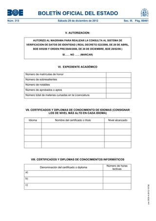 BOLETÍN OFICIAL DEL ESTADO
Núm. 313	                               Sábado 29 de diciembre de 2012	                     Sec. III. Pág. 89461



                                              V. AUTORIZACION:

                    AUTORIZO AL MAGRAMA PARA REALIZAR LA CONSULTA AL SISTEMA DE
            VERIFICACION DE DATOS DE IDENTIDAD ( REAL DECRETO 522/2006, DE 28 DE ABRIL,
                    BOE 9/05/06 Y ORDEN PRE/3949/2006, DE 26 DE DICIEMBRE, BOE 28/02/06 )

                                            SI…… NO …… (MARCAR)



                                        VI. EXPEDIENTE ACADÉMICO

            Número de matrículas de honor
            Número de sobresalientes
            Número de notables
            Número de aprobados o aptos
            Número total de materias cursadas en la Licenciatura




            VII. CERTIFICADOS Y DIPLOMAS DE CONOCIMIENTO DE IDIOMAS (CONSIGNAR
                            LOS DE NIVEL MÁS ALTO EN CADA IDIOMA)

                 Idioma               Nombre del certificado o título         Nivel alcanzado




                  VIII. CERTIFICADOS Y DIPLOMAS DE CONOCIMIENTOS INFORMÁTICOS

                                                                            Número de horas
                          Denominación del certificado o diploma
                                                                               lectivas
            a)

            b)

            c)
                                                                                                              cve: BOE-A-2012-15738
 