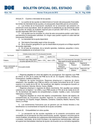 BOLETÍN OFICIAL DEL ESTADO
 Núm. 143	                                                     Viernes 15 de junio de 2012	                                             Sec. III. Pág. 43268


                      Artículo 21.  Cuantía e intensidad de las ayudas.

                           1.  La cuantía de las ayudas se determinará en función del presupuesto financiable,
                      los límites de intensidad de las ayudas y el presupuesto disponible para la convocatoria.
                           2.  Los límites de la financiación resultarán de la conversión del préstamo en
                      subvención bruta equivalente. Será de aplicación lo establecido en las Directrices sobre
                      las ayudas de estado de finalidad regional para el periodo 2007-2013; y el Mapa de
                      ayudas regionales 2007-2013: España.
                           3.  Las ayudas que se concedan en virtud de esta convocatoria podrán cubrir total o
                      parcialmente el presupuesto solicitado. En ningún caso podrán superar el coste total del
                      presupuesto financiable.
                           4.  La intensidad de la ayuda dependerá:

                          a)  Del máximo financiable según el tipo de ayuda.
                          b)  De la situación geográfica en que se desarrollará el proyecto en el Mapa español
                      de ayudas regionales.
                          c)  En el caso de empresas, de su tamaño (grandes, medianas, pequeñas o micro,
                      según lo establecido en el artículo 4.2.a).

                                  Entidades privadas (máximo 75 % del presupuesto financiable)
      Tipo de ayuda                                                                                                          Entidades públicas
                                        grandes                      mediana         pequeña y micro

                          Financiación según Mapa español                                              Hasta el 75 % del presupuesto financiable. Financiación según
Préstamo.                                                    Idem + 10%              Idem + 20%
                             de ayudas regionales 2007-2013.                                             Mapa español de ayudas regionales 2007-2013.
                                                                                                       Regiones de           Regiones            Regiones de
                                                                                                         Convergencia y         Phasing-in.         Competitividad.
Anticipo reembolsable con                                                                                Phasing-out.
                          No se puede conceder.
  cargo al FEDER.
                                                                                                       Hasta el 80 % del     Hasta el 70% del Hasta el 50 % del
                                                                                                         préstamo.              préstamo.           préstamo.


                          •  Regiones elegibles en virtud del objetivo de convergencia. Son regiones cuyo PNB
                      es inferior al 75% de la media del PNB de la UE 25. En España: Galicia, Andalucía,
                      Extremadura, Castilla-La Mancha.
                          •  Régimen de ayuda transitoria: Regiones phasing-out o regiones de efecto
                      estadístico. Son aquellas cuyo PNB es inferior a la media comunitaria de la UE 15 pero
                      superior a la media de la UE 25. Se benefician del objetivo convergencia durante un
                      período transitorio: Asturias, Murcia, Ceuta y Melilla.
                          •  Regiones phasing-in o regiones de efecto crecimiento. Son aquellas que estaban
                      cubiertas por el objetivo 1 en 2006 y cuyo PNB excede el 75% de la de media de la UE
                      15. Se benefician del objetivo de competitividad y empleo: Castilla y León, Comunidad
                      Valenciana y Canarias.
                          •  Regiones elegibles en virtud del objetivo competitividad. Dentro del objetivo de
                      competitividad se encuentran aquellas regiones no comprendidas en el objetivo
                      convergencia. En España: Aragón, Baleares, Cantabria, Cataluña, Madrid, Navarra, País
                      Vasco y La Rioja.

                         5.  Los rendimientos financieros que se generen por los fondos librados a los
                      beneficiarios no incrementarán el importe de la ayuda concedida.

                      Artículo 22.  Compatibilidad con otras ayudas.

                          1.  La percepción de las ayudas reguladas en la presente convocatoria será
                                                                                                                                                                 cve: BOE-A-2012-7987




                      compatible con la percepción de otras subvenciones, ayudas, ingresos o recursos para la
                      misma finalidad, procedentes de cualesquiera Administraciones Públicas o entes públicos
                      o privados, nacionales, de la Unión Europea o de organismos internacionales, salvo que
                      se superen las intensidades máximas de ayuda o de acuerdo con su normativa reguladora
 