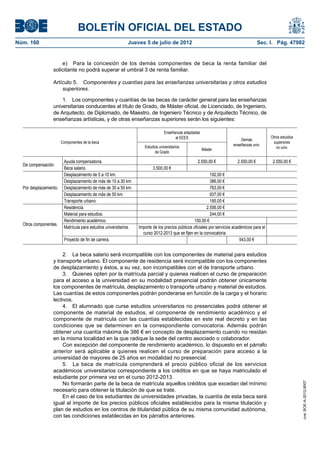 BOLETÍN OFICIAL DEL ESTADO
Núm. 160	                                                    Jueves 5 de julio de 2012	                                                  Sec. I. Pág. 47982


                      e)  Para la concesión de los demás componentes de beca la renta familiar del
                  solicitante no podrá superar el umbral 3 de renta familiar.

                  Artículo 5.  Componentes y cuantías para las enseñanzas universitarias y otros estudios
                      superiores.

                      1.  Los componentes y cuantías de las becas de carácter general para las enseñanzas
                  universitarias conducentes al título de Grado, de Máster oficial, de Licenciado, de Ingeniero,
                  de Arquitecto, de Diplomado, de Maestro, de Ingeniero Técnico y de Arquitecto Técnico, de
                  enseñanzas artísticas, y de otras enseñanzas superiores serán los siguientes:

                                                                                  Enseñanzas adaptadas
                                                                                        al EEES                                                 Otros estudios
                                                                                                                              Demás
                        Componentes de la beca                                                                                                   superiores
                                                                      Estudios universitarios                             enseñanzas univ.
                                                                                                         Máster                                    no univ.
                                                                            de Grado

                         Ayuda compensatoria.                                                        2.550,00 €             2.550,00 €           2.550,00 €
  De compensación.
                         Beca salario.                                     3.500,00 €
                         Desplazamiento de 5 a 10 km.                                                         192,00 €
                         Desplazamiento de más de 10 a 30 km.                                                 386,00 €
  Por desplazamiento.    Desplazamiento de más de 30 a 50 km.                                                 763,00 €
                         Desplazamiento de más de 50 km.                                                      937,00 €
                         Transporte urbano.                                                                   185,00 €
                         Residencia.                                                                        2.556,00 €
                         Material para estudios.                                                              244,00 €
                         Rendimiento académico.                                                    150,00 €
  Otros componentes.
                         Matrícula para estudios universitarios.   Importe de los precios públicos oficiales por servicios académicos para el
                                                                     curso 2012-2013 que se fijen en la convocatoria.
                         Proyecto de fin de carrera.                                                                           543,00 €


                       2.  La beca salario será incompatible con los componentes de material para estudios
                  y transporte urbano. El componente de residencia será incompatible con los componentes
                  de desplazamiento y éstos, a su vez, son incompatibles con el de transporte urbano.
                       3.  Quienes opten por la matrícula parcial y quienes realicen el curso de preparación
                  para el acceso a la universidad en su modalidad presencial podrán obtener únicamente
                  los componentes de matrícula, desplazamiento o transporte urbano y material de estudios.
                  Las cuantías de estos componentes podrán ponderarse en función de la carga y el horario
                  lectivos.
                       4.  El alumnado que curse estudios universitarios no presenciales podrá obtener el
                  componente de material de estudios, el componente de rendimiento académico y el
                  componente de matrícula con las cuantías establecidas en este real decreto y en las
                  condiciones que se determinen en la correspondiente convocatoria. Además podrán
                  obtener una cuantía máxima de 386 € en concepto de desplazamiento cuando no residan
                  en la misma localidad en la que radique la sede del centro asociado o colaborador.
                       Con excepción del componente de rendimiento académico, lo dispuesto en el párrafo
                  anterior será aplicable a quienes realicen el curso de preparación para acceso a la
                  universidad de mayores de 25 años en modalidad no presencial.
                       5.  La beca de matrícula comprenderá el precio público oficial de los servicios
                  académicos universitarios correspondiente a los créditos en que se haya matriculado el
                  estudiante por primera vez en el curso 2012-2013.
                       No formarán parte de la beca de matrícula aquellos créditos que excedan del mínimo
                                                                                                                                                                 cve: BOE-A-2012-9007




                  necesario para obtener la titulación de que se trate.
                       En el caso de los estudiantes de universidades privadas, la cuantía de esta beca será
                  igual al importe de los precios públicos oficiales establecidos para la misma titulación y
                  plan de estudios en los centros de titularidad pública de su misma comunidad autónoma,
                  con las condiciones establecidas en los párrafos anteriores.
 