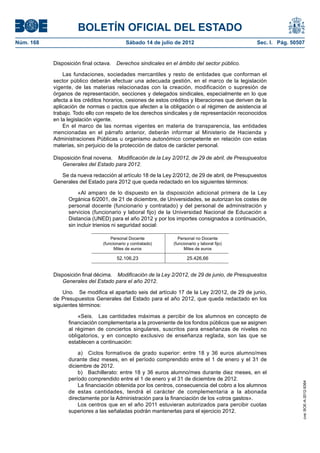 BOLETÍN OFICIAL DEL ESTADO
Núm. 168	                                    Sábado 14 de julio de 2012	                          Sec. I. Pág. 50507


            Disposición final octava.  Derechos sindicales en el ámbito del sector público.

                Las fundaciones, sociedades mercantiles y resto de entidades que conforman el
            sector público deberán efectuar una adecuada gestión, en el marco de la legislación
            vigente, de las materias relacionadas con la creación, modificación o supresión de
            órganos de representación, secciones y delegados sindicales, especialmente en lo que
            afecta a los créditos horarios, cesiones de estos créditos y liberaciones que deriven de la
            aplicación de normas o pactos que afecten a la obligación o al régimen de asistencia al
            trabajo. Todo ello con respeto de los derechos sindicales y de representación reconocidos
            en la legislación vigente.
                En el marco de las normas vigentes en materia de transparencia, las entidades
            mencionadas en el párrafo anterior, deberán informar al Ministerio de Hacienda y
            Administraciones Públicas u organismo autonómico competente en relación con estas
            materias, sin perjuicio de la protección de datos de carácter personal.

            Disposición final novena.  Modificación de la Ley 2/2012, de 29 de abril, de Presupuestos
               Generales del Estado para 2012.

               Se da nueva redacción al artículo 18 de la Ley 2/2012, de 29 de abril, de Presupuestos
            Generales del Estado para 2012 que queda redactado en los siguientes términos:

                       «Al amparo de lo dispuesto en la disposición adicional primera de la Ley
                  Orgánica 6/2001, de 21 de diciembre, de Universidades, se autorizan los costes de
                  personal docente (funcionario y contratado) y del personal de administración y
                  servicios (funcionario y laboral fijo) de la Universidad Nacional de Educación a
                  Distancia (UNED) para el año 2012 y por los importes consignados a continuación,
                  sin incluir trienios ni seguridad social:

                                     Personal Docente             Personal no Docente
                                 (funcionario y contratado)    (funcionario y laboral fijo)
                                       Miles de euros                Miles de euros

                                        52.106,23                     25.426,66


            Disposición final décima.  Modificación de la Ley 2/2012, de 29 de junio, de Presupuestos
               Generales del Estado para el año 2012.

                Uno.  Se modifica el apartado seis del artículo 17 de la Ley 2/2012, de 29 de junio,
            de Presupuestos Generales del Estado para el año 2012, que queda redactado en los
            siguientes términos:

                      «Seis.  Las cantidades máximas a percibir de los alumnos en concepto de
                  financiación complementaria a la proveniente de los fondos públicos que se asignen
                  al régimen de conciertos singulares, suscritos para enseñanzas de niveles no
                  obligatorios, y en concepto exclusivo de enseñanza reglada, son las que se
                  establecen a continuación:

                      a)  Ciclos formativos de grado superior: entre 18 y 36 euros alumno/mes
                  durante diez meses, en el período comprendido entre el 1 de enero y el 31 de
                  diciembre de 2012.
                      b)  Bachillerato: entre 18 y 36 euros alumno/mes durante diez meses, en el
                  período comprendido entre el 1 de enero y el 31 de diciembre de 2012.
                                                                                                                   cve: BOE-A-2012-9364




                      La financiación obtenida por los centros, consecuencia del cobro a los alumnos
                  de estas cantidades, tendrá el carácter de complementaria a la abonada
                  directamente por la Administración para la financiación de los «otros gastos».
                      Los centros que en el año 2011 estuvieran autorizados para percibir cuotas
                  superiores a las señaladas podrán mantenerlas para el ejercicio 2012.
 