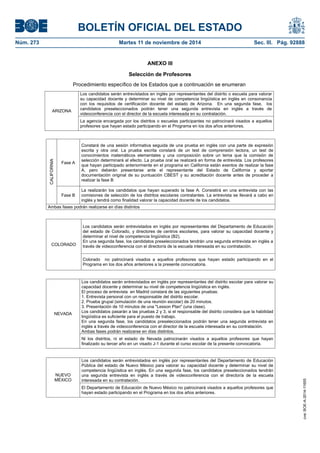 BOLETÍN OFICIAL DEL ESTADO 
Núm. 273 Martes 11 de noviembre de 2014 Sec. III. Pág. 92888 
ANEXO III 
Selección de Profesores 
Procedimiento específico de los Estados que a continuación se enumeran Los candidatos serán entrevistados en inglés por representantes del distrito o escuela para valorar su capacidad docente y determinar su nivel de competencia lingüística en inglés en consonancia con los requisitos de certificación docente del estado de Arizona. En una segunda fase, los candidatos preseleccionados podrán tener una segunda entrevista en inglés a través de videoconferencia con el director de la escuela interesada en su contratación. ARIZONA La agencia encargada por los distritos o escuelas participantes no patrocinará visados a aquellos profesores que hayan estado participando en el Programa en los dos años anteriores. Fase A Constará de una sesión informativa seguida de una prueba en inglés con una parte de expresión escrita y otra oral. La prueba escrita constará de un test de comprensión lectora, un test de conocimientos matemáticos elementales y una composición sobre un tema que la comisión de selección determinará al efecto. La prueba oral se realizará en forma de entrevista. Los profesores que hayan participado anteriormente en el programa en California están exentos de realizar la fase A, pero deberán presentarse ante el representante del Estado de California y aportar documentación original de su puntuación CBEST y su acreditación docente antes de proceder a realizar la fase B CALIFORNIA Fase B La realizarán los candidatos que hayan superado la fase A. Consistirá en una entrevista con las comisiones de selección de los distritos escolares contratantes. La entrevista se llevará a cabo en inglés y tendrá como finalidad valorar la capacidad docente de los candidatos. Ambas fases podrán realizarse en días distintos Los candidatos serán entrevistados en inglés por representantes del Departamento de Educación del estado de Colorado, y directores de centros escolares, para valorar su capacidad docente y determinar el nivel de competencia lingüística (B2). En una segunda fase, los candidatos preseleccionados tendrán una segunda entrevista en inglés a través de videoconferencia con el director/a de la escuela interesada en su contratación. COLORADO Colorado no patrocinará visados a aquellos profesores que hayan estado participando en el Programa en los dos años anteriores a la presente convocatoria. Los candidatos serán entrevistados en inglés por representantes del distrito escolar para valorar su capacidad docente y determinar su nivel de competencia lingüística en inglés. El proceso de entrevista en Madrid constará de las siguientes pruebas: 1. Entrevista personal con un responsable del distrito escolar. 2. Prueba grupal (simulación de una reunión escolar) de 20 minutos. 3. Presentación de 10 minutos de una "Lesson Plan" (una clase). Los candidatos pasarán a las pruebas 2 y 3, si el responsable del distrito considera que la habilidad lingüística es suficiente para el puesto de trabajo. En una segunda fase, los candidatos preseleccionados podrán tener una segunda entrevista en inglés a través de videoconferencia con el director de la escuela interesada en su contratación. Ambas fases podrán realizarse en días distintos. NEVADA Ni los distritos, ni el estado de Nevada patrocinarán visados a aquellos profesores que hayan finalizado su tercer año en un visado J-1 durante el curso escolar de la presente convocatoria. Los candidatos serán entrevistados en inglés por representantes del Departamento de Educación Pública del estado de Nuevo México para valorar su capacidad docente y determinar su nivel de competencia lingüística en inglés. En una segunda fase, los candidatos preseleccionados tendrán una segunda entrevista en inglés a través de videoconferencia con el director/a de la escuela interesada en su contratación. NUEVO MÉXICO El Departamento de Educación de Nuevo México no patrocinará visados a aquellos profesores que hayan estado participando en el Programa en los dos años anteriores. 
cve: BOE-A-2014-11655 
 