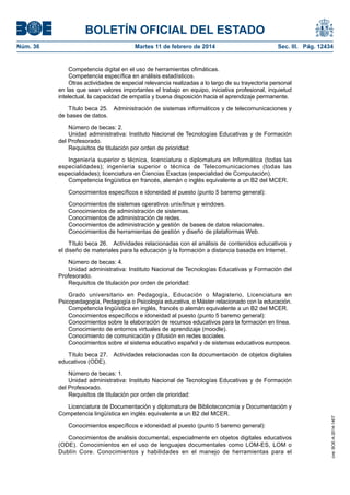 BOLETÍN OFICIAL DEL ESTADO
Martes 11 de febrero de 2014	

Sec. III. Pág. 12434

Competencia digital en el uso de herramientas ofimáticas.
Competencia específica en análisis estadísticos.
Otras actividades de especial relevancia realizadas a lo largo de su trayectoria personal
en las que sean valores importantes el trabajo en equipo, iniciativa profesional, inquietud
intelectual, la capacidad de empatía y buena disposición hacia el aprendizaje permanente.
Título beca 25.  Administración de sistemas informáticos y de telecomunicaciones y
de bases de datos.
Número de becas: 2.
Unidad administrativa: Instituto Nacional de Tecnologías Educativas y de Formación
del Profesorado.
Requisitos de titulación por orden de prioridad:
Ingeniería superior o técnica, licenciatura o diplomatura en Informática (todas las
especialidades); ingeniería superior o técnica de Telecomunicaciones (todas las
especialidades); licenciatura en Ciencias Exactas (especialidad de Computación).
Competencia lingüística en francés, alemán o inglés equivalente a un B2 del MCER.
Conocimientos específicos e idoneidad al puesto (punto 5 baremo general):
Conocimientos de sistemas operativos unix/linux y windows.
Conocimientos de administración de sistemas.
Conocimientos de administración de redes.
Conocimientos de administración y gestión de bases de datos relacionales.
Conocimientos de herramientas de gestión y diseño de plataformas Web.
Título beca 26.  Actividades relacionadas con el análisis de contenidos educativos y
el diseño de materiales para la educación y la formación a distancia basada en Internet.
Número de becas: 4.
Unidad administrativa: Instituto Nacional de Tecnologías Educativas y Formación del
Profesorado.
Requisitos de titulación por orden de prioridad:
Grado universitario en Pedagogía, Educación o Magisterio, Licenciatura en
Psicopedagogía, Pedagogía o Psicología educativa, o Máster relacionado con la educación.
Competencia lingüística en inglés, francés o alemán equivalente a un B2 del MCER.
Conocimientos específicos e idoneidad al puesto (punto 5 baremo general):
Conocimientos sobre la elaboración de recursos educativos para la formación en línea.
Conocimiento de entornos virtuales de aprendizaje (moodle).
Conocimiento de comunicación y difusión en redes sociales.
Conocimientos sobre el sistema educativo español y de sistemas educativos europeos.
Título beca 27.  Actividades relacionadas con la documentación de objetos digitales
educativos (ODE).
Número de becas: 1.
Unidad administrativa: Instituto Nacional de Tecnologías Educativas y de Formación
del Profesorado.
Requisitos de titulación por orden de prioridad:
Licenciatura de Documentación y diplomatura de Biblioteconomía y Documentación y
Competencia lingüística en inglés equivalente a un B2 del MCER.
Conocimientos específicos e idoneidad al puesto (punto 5 baremo general):
Conocimientos de análisis documental, especialmente en objetos digitales educativos
(ODE). Conocimientos en el uso de lenguajes documentales como LOM-ES, LOM o
Dublín Core. Conocimientos y habilidades en el manejo de herramientas para el

cve: BOE-A-2014-1467

Núm. 36	

 