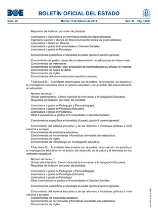 BOLETÍN OFICIAL DEL ESTADO
Martes 11 de febrero de 2014	

Sec. III. Pág. 12437

Requisitos de titulación por orden de prioridad:
Licenciatura o diplomatura en Informática (todas las especialidades).
Ingeniería superior o técnica de Telecomunicación (todas las especialidades).
Licenciatura o Grado en Historia.
Licenciatura o grado en Humanidades o Ciencias Sociales.
Licenciatura o grado en Psicología.
Conocimientos específicos e idoneidad al puesto (punto 5 baremo general):
Conocimientos de gestión, desarrollo e implementación de aplicaciones en entorno web.
Conocimientos de web master.
Conocimientos de edición y post-producción de multimedia para su difusión en Internet.
Conocimientos de bases de datos.
Conocimientos de inglés.
Conocimientos del sistema educativo español y europeo.
Título beca 34.  Actividades relacionadas con el análisis, la innovación, los estudios y
la investigación educativa sobre el sistema educativo y en el ámbito del emprendimiento
en educación.
Número de becas: 1.
Unidad administrativa: Centro Nacional de Innovación e Investigación Educativa.
Requisitos de titulación por orden de prioridad:
Licenciatura o grado en Pedagogía o Psicopedagogía.
Licenciatura o grado en Psicología Educativa.
Licenciatura o grado en Psicología.
Otras Licenciaturas o grados en Humanidades o Ciencias Sociales.
Conocimientos específicos e idoneidad al puesto (punto 5 baremo general):
Conocimiento del sistema educativo y de las reformas e iniciativas políticas a nivel
nacional y europeo.
Conocimientos de estadística educativa.
Conocimientos de herramientas informáticas orientadas a la estadística.
Conocimientos de inglés.
Conocimientos de metodología en investigación educativa.
Título beca 35.  Actividades relacionadas con el análisis, la innovación, los estudios y
la investigación educativa en el ámbito del desarrollo de la salud y el bienestar en los
contextos educativos.
Número de becas: 1.
Unidad administrativa: Centro Nacional de Innovación e Investigación Educativa.
Requisitos de titulación por orden de prioridad:
Licenciatura o grado en Pedagogía o Psicopedagogía.
Licenciatura o grado en Psicología Educativa.
Licenciatura o grado en Psicología.
Otras Licenciaturas o grados en Humanidades o Ciencias Sociales.
Conocimientos específicos e idoneidad al puesto (punto 5 baremo general):
Conocimiento del sistema educativo y de las reformas e iniciativas políticas a nivel
nacional y europeo.
Conocimientos de estadística educativa.
Conocimientos de herramientas informáticas orientadas a la estadística.
Conocimientos de inglés.

cve: BOE-A-2014-1467

Núm. 36	

 