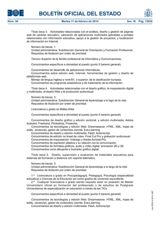 BOLETÍN OFICIAL DEL ESTADO
Martes 11 de febrero de 2014	

Sec. III. Pág. 12424

Título beca 3.  Actividades relacionadas con el análisis, diseño y gestión de páginas
web de carácter educativo, valoración de aplicaciones multimedia aplicables a portales
relacionados con información educativa, apoyo a la gestión de proyectos, y localización
de información en Internet.
Número de becas: 1.
Unidad administrativa: Subdirección General de Orientación y Formación Profesional.
Requisitos de titulación por orden de prioridad:
Técnico Superior de la familia profesional de Informática y Comunicaciones.
Conocimientos específicos e idoneidad al puesto (punto 5 baremo general):
Conocimientos de desarrollo de aplicaciones informáticas.
Conocimientos sobre edición web, Internet, herramientas de gestión y diseño de
plataformas web.
Manejo de lengua inglesa a nivel B1, o superior, de la clasificación europea.
Conocimientos de programas estadísticos y de tratamiento de la información.
Título beca 4.  Actividades relacionadas con el diseño gráfico, la maquetación digital
y multimedia, el diseño Web y la producción audiovisual.
Número de becas: 3.
Unidad administrativa: Subdirección General de Aprendizaje a lo lago de la vida.
Requisitos de titulación por orden de prioridad:
Licenciatura o grado en Bellas Artes
Conocimientos específicos e idoneidad al puesto (punto 5 baremo general):
Conocimientos de diseño gráfico y edición vectorial, y edición multimedia: Adobe
ilustrator, Freehand, Photoshop, Fireworks,
Conocimientos de tecnologías y edición Web: Dreamweaver, HTML, XML, hojas de
estilo, Javascript, gestor de contenidos Joomla, Exe-Learning
Conocimientos de diseño y edición multimedia: Flash, Actionscript.
Conocimientos de edición no lineal de vídeo: Final Cut Pro y grabación audiovisual.
Conocimientos de maquetación: Indesign y Adobe Acrobat Pro.
Conocimientos de expresión plástica y su relación con la comunicación.
Conocimientos de formatos gráficos, audio y vídeo digital, animación 2D y 3D.
Conocimientos como dibujante e ilustrador gráfico digital.
Título beca 5.  Diseño, supervisión y evaluación de materiales educativos para
sistemas de formación a distancia con soporte telemático.
Número de becas: 3.
Unidad administrativa: Subdirección General de Aprendizaje a lo largo de la vida
Requisitos de titulación por orden de prioridad:
1.ª  Licenciatura o grado en Psicopedagogía, Pedagogía, Psicología (especialidad
educativa) o Ciencias de la Educación así como grados de contenido equivalente.
2.ª  Cualquier licenciatura o grado siendo requisito estar en posesión de Máster
Universitario oficial en formación del profesorado o de estudios de Postgrado
Universitarios de especialización en educación a través de las TICs.
Conocimientos específicos e idoneidad al puesto (punto 5 baremo general):
Conocimientos de tecnologías y edición Web: Dreamweaver, HTML, XML, hojas de
estilo, Javascript, gestor de contenidos Joomla, Exe-Learning.
Conocimientos de diseño y edición multimedia: Flash, Actionscript.

cve: BOE-A-2014-1467

Núm. 36	

 