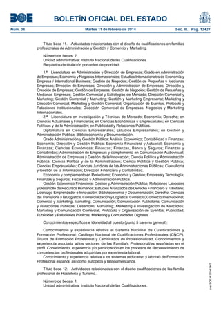BOLETÍN OFICIAL DEL ESTADO
Martes 11 de febrero de 2014	

Sec. III. Pág. 12427

Título beca 11.  Actividades relacionadas con el diseño de cualificaciones en familias
profesionales de Administración y Gestión y Comercio y Marketing.
Número de becas: 2.
Unidad administrativa: Instituto Nacional de las Cualificaciones.
Requisitos de titulación por orden de prioridad:
1.ª  Licenciatura en Administración y Dirección de Empresas; Grado en Administración
de Empresas; Economía y Negocios Internacionales; Estudios Internacionales de Economía y
Empresa / International Business; Gestión de Negocios; Gestión de Pequeñas y Medianas
Empresas; Dirección de Empresas; Dirección y Administración de Empresas; Dirección y
Creación de Empresas; Gestión de Empresas; Gestión de Negocios; Gestión de Pequeñas y
Medianas Empresas; Gestión Comercial y Estrategias de Mercado; Dirección Comercial y
Marketing; Gestión Comercial y Marketing; Gestión y Marketing Empresarial; Marketing y
Dirección Comercial; Marketing y Gestión Comercial; Organización de Eventos, Protocolo y
Relaciones Institucionales; Dirección Comercial de Empresas; Negocios y Marketing
Internacionales.
2.ª  Licenciatura en Investigación y Técnicas de Mercado; Economía; Derecho; en
Ciencias Actuariales y Financieras; en Ciencias Económicas y Empresariales; en Ciencias
Políticas y de la Administración; en Publicidad y Relaciones Públicas.
Diplomatura en Ciencias Empresariales; Estudios Empresariales; en Gestión y
Administración Pública; Biblioteconomía y Documentación.
Grado Administración y Gestión Pública; Análisis Económico; Contabilidad y Finanzas;
Economía; Dirección y Gestión Pública; Economía Financiera y Actuarial; Economía y
Finanzas; Ciencias Económicas; Finanzas; Finanzas, Banca y Seguros; Finanzas y
Contabilidad; Administración de Empresas y complemento en Comunicación Audiovisual;
Administración de Empresas y Gestión de la Innovación; Ciencia Política y Administración
Pública; Ciencia Política y de la Administración; Ciencia Política y Gestión Pública;
Ciencias Empresariales; Ciencias Jurídicas de las Administraciones Públicas; Consultoría
y Gestión de la Información; Dirección Financiera y Contabilidad.
Economía y complemento en Periodismo; Economía y Gestión; Empresa y Tecnología;
Finanzas y Seguros; Fiscalidad y Administración Pública.
Gestión Económico-Financiera; Gestión y Administración Pública; Relaciones Laborales
y Desarrollo de Recursos Humanos; Estudios Avanzados de Derecho Financiero y Tributario;
Liderazgo Emprendedor e Innovación; Biblioteconomía y Documentación; Derecho; Ciencias
del Transporte y la Logística; Comercialización y Logística; Comercio; Comercio Internacional;
Comercio y Marketing; Marketing; Comunicación; Comunicación Publicitaria; Comunicación
y Relaciones Públicas; Desarrollo; Marketing; Marketing e Investigación de Mercados;
Marketing y Comunicación Comercial; Protocolo y Organización de Eventos; Publicidad;
Publicidad y Relaciones Públicas; Marketing y Comunidades Digitales.
Conocimientos específicos e idoneidad al puesto (punto 5 baremo general):
Conocimientos y experiencia relativa al Sistema Nacional de Cualificaciones y
Formación Profesional: Catálogo Nacional de Cualificaciones Profesionales (CNCP),
Títulos de Formación Profesional y Certificados de Profesionalidad. Conocimientos y
experiencia asociada al/los sectores de las Familia/s Profesional/es reseñadas en el
perfil. Conocimiento, experiencia y/o participación en los procesos de Reconocimiento de
competencias profesionales adquiridas por experiencia laboral.
Conocimiento y experiencia relativa a los sistemas (educativo y laboral) de Formación
Profesional español, así como europeos y latinoamericanos.
Título beca 12.  Actividades relacionadas con el diseño cualificaciones de las familia
profesional de Hostelería y Turismo.
Número de becas: 1.
Unidad administrativa: Instituto Nacional de las Cualificaciones.

cve: BOE-A-2014-1467

Núm. 36	

 