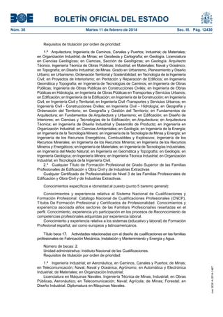 BOLETÍN OFICIAL DEL ESTADO
Martes 11 de febrero de 2014	

Sec. III. Pág. 12430

Requisitos de titulación por orden de prioridad:
1.ª  Arquitectura; Ingeniería de Caminos, Canales y Puertos; Industrial; de Materiales;
en Organización Industrial; de Minas; en Geodesia y Cartografía; en Geología. Licenciatura
en Ciencias Geológicas; en Ciencias, Sección de Geológicas; en Geología. Arquitecto
Técnico. Ingeniería Técnica de Obras Públicas; Industrial; en Materiales; Naval y Oceánico;
en Topografía; en Diseño Industrial; de Minas. Grado en Urbanismo, Planeamiento y Diseño
Urbano; en Urbanismo, Ordenación Territorial y Sostenibilidad; en Tecnología de la Ingeniería
Civil; en Proyectos de Interiorismo; en Peritación y Reparación de Edificios; en Ingeniería
Geomática y Topografía; en Ingeniería de Tecnologías de Caminos; en Ingeniería de Obras
Públicas; Ingeniería de Obras Públicas en Construcciones Civiles; en Ingeniería de Obras
Públicas en Hidrología; en Ingeniería de Obras Públicas en Transportes y Servicios Urbanos;
en Edificación; en Ingeniería de la Edificación; en Ingeniería de la Construcción; en Ingeniería
Civil; en Ingeniería Civil y Territorial; en Ingeniería Civil -Transportes y Servicios Urbanos; en
Ingeniería Civil - Construcciones Civiles; en Ingeniería Civil – Hidrología; en Geografía y
Ordenación del Territorio; en Geografía y Gestión del Territorio; en Fundamentos de
Arquitectura; en Fundamentos de Arquitectura y Urbanismo; en Edificación; en Diseño de
Interiores; en Ciencias y Tecnologías de la Edificación; en Arquitectura; en Arquitectura
Técnica; en Ingeniería de Diseño Industrial y Desarrollo de Producto; en Ingeniería en
Organización Industrial; en Ciencias Ambientales; en Geología; en Ingeniería de la Energía;
en Ingeniería de la Tecnología Minera; en Ingeniería de la Tecnología de Minas y Energía; en
Ingeniería de los Recursos Energéticos, Combustibles y Explosivos; Ingeniería de los
Recursos Minerales; en Ingeniería de los Recursos Mineros; en Ingeniería de los Recursos
Mineros y Energéticos; en Ingeniería de Materiales; en Ingeniería de Tecnologías Industriales;
en Ingeniería del Medio Natural; en Ingeniería en Geomática y Topografía; en Geología; en
Ingeniería Geológica; en Ingeniería Minera; en Ingeniería Técnica Industrial; en Organización
Industrial; en Tecnología de la Ingeniería Civil.
2.ª  Cualquier Título de Formación Profesional de Grado Superior de las Familias
Profesionales de Edificación y Obra Civil y de Industrias Extractivas
Cualquier Certificado de Profesionalidad de Nivel 3 de las Familias Profesionales de
Edificación y Obra Civil y de Industrias Extractivas.
Conocimientos específicos e idoneidad al puesto (punto 5 baremo general):
Conocimientos y experiencia relativa al Sistema Nacional de Cualificaciones y
Formación Profesional: Catálogo Nacional de Cualificaciones Profesionales (CNCP),
Títulos De Formación Profesional y Certificados de Profesionalidad. Conocimientos y
experiencia asociada al/los sectores de las Familia/s Profesional/es reseñadas en el
perfil. Conocimiento, experiencia y/o participación en los procesos de Reconocimiento de
competencias profesionales adquiridas por experiencia laboral.
Conocimiento y experiencia relativa a los sistemas (educativo y laboral) de Formación
Profesional español, así como europeos y latinoamericanos.
Título beca 17.  Actividades relacionadas con el diseño de cualificaciones en las familias
profesionales de Fabricación Mecánica, Instalación y Mantenimiento y Energía y Agua.
Número de becas: 2.
Unidad administrativa: Instituto Nacional de las Cualificaciones.
Requisitos de titulación por orden de prioridad:
1.ª  Ingeniería Industrial; en Aeronáutica, en Caminos, Canales y Puertos; de Minas;
en Telecomunicación; Naval; Naval y Oceánica; Agrónomo; en Automática y Electrónica
Industrial; de Materiales; en Organización Industrial;
Licenciatura en Máquinas Navales. Ingeniería Técnica de Minas, Industrial; en Obras
Públicas, Aeronáutico; en Telecomunicación; Naval; Agrícola; de Minas; Forestal; en
Diseño Industrial. Diplomatura en Máquinas Navales.

cve: BOE-A-2014-1467

Núm. 36	

 