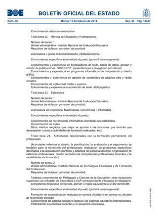 BOLETÍN OFICIAL DEL ESTADO
Martes 11 de febrero de 2014	

Sec. III. Pág. 12433

Conocimientos del sistema educativo.
Título beca 22.  Revista de Educación y Publicaciones.
Número de becas: 1.
Unidad administrativa: Instituto Nacional de Evaluación Educativa.
Requisitos de titulación por orden de prioridad:
Licenciatura o grado en Documentación y Biblioteconomía.
Conocimientos específicos e idoneidad al puesto (punto 5 baremo general):
Conocimientos y experiencia en procesadores de texto, bases de datos, gestión y
edición de publicaciones. OJS/RECYT, presentaciones y navegación por Internet.
Conocimientos y experiencia en programas informáticos de maquetación y diseño
gráfico.
Conocimientos y experiencia en gestión de contenidos de páginas web y redes
sociales.
Conocimientos de inglés nivel medio o superior.
Conocimientos y experiencia en corrección de estilo ortotipográfico.
Título beca 23.  Estadística.
Número de becas: 1.
Unidad Administrativa: Instituto Nacional de Evaluación Educativa.
Requisitos de titulación por orden de prioridad:
Licenciatura en Estadística, Matemáticas, Económicas o Informática.
Conocimientos específicos e idoneidad al puesto:
Conocimientos de herramientas informáticas orientadas a la estadística.
Conocimientos de inglés.
Otros méritos alegados que mejor se ajusten a las funciones que tendrán que
desempeñar (cursos y actividades de formación realizados, etc.).
Título beca 24.  Actividades relacionadas con la formación permanente del
profesorado.
(Actividades referidas al diseño, la planificación, la evaluación y el seguimiento de
modelos para la formación del profesorado; realización de programas específicos
destinados a la actualización científica y didáctica del personal docente. Organización de
estancias profesionales. Diseño del marco de competencias profesionales docentes y de
modalidades de formación.)
Número de becas: 2.
Unidad administrativa: Instituto Nacional de Tecnologías Educativas y de Formación
del Profesorado.
Requisitos de titulación por orden de prioridad:
Titulados universitarios en Pedagogía o Ciencias de la Educación, otras titulaciones
superiores con el Máster de Secundaria o CAP correspondiente y titulados en Magisterio.
Competencia lingüística en francés, alemán o inglés equivalente a un B2 del MCER.
Conocimientos específicos e idoneidad al puesto (punto 5 baremo general):
Formación de especialización realizada en centros oficiales o en centros no oficiales
de reconocido prestigio.
Conocimiento del sistema educativo español y de sistemas educativos internacionales.
Participación en prácticas docentes y en proyectos educativos.

cve: BOE-A-2014-1467

Núm. 36	

 