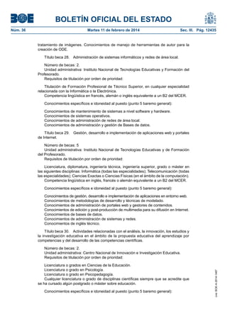 BOLETÍN OFICIAL DEL ESTADO
Martes 11 de febrero de 2014	

Sec. III. Pág. 12435

tratamiento de imágenes. Conocimientos de manejo de herramientas de autor para la
creación de ODE.
Título beca 28.  Administración de sistemas informáticos y redes de área local.
Número de becas: 2.
Unidad administrativa: Instituto Nacional de Tecnologías Educativas y Formación del
Profesorado.
Requisitos de titulación por orden de prioridad:
Titulación de Formación Profesional de Técnico Superior, en cualquier especialidad
relacionada con la Informática o la Electrónica.
Competencia lingüística en francés, alemán o inglés equivalente a un B2 del MCER.
Conocimientos específicos e idoneidad al puesto (punto 5 baremo general):
Conocimientos de mantenimiento de sistemas a nivel software y hardware.
Conocimientos de sistemas operativos.
Conocimientos de administración de redes de área local.
Conocimientos de administración y gestión de Bases de datos.
Título beca 29.  Gestión, desarrollo e implementación de aplicaciones web y portales
de Internet.
Número de becas: 5
Unidad administrativa: Instituto Nacional de Tecnologías Educativas y de Formación
del Profesorado.
Requisitos de titulación por orden de prioridad:
Licenciatura, diplomatura, ingeniería técnica, ingeniería superior, grado o máster en
las siguientes disciplinas: Informática (todas las especialidades); Telecomunicación (todas
las especialidades); Ciencias Exactas o Ciencias Físicas (en el ámbito de la computación).
Competencia lingüística en inglés, francés o alemán equivalente a un B2 del MCER.
Conocimientos específicos e idoneidad al puesto (punto 5 baremo general):
Conocimientos de gestión, desarrollo e implementación de aplicaciones en entorno web.
Conocimientos de metodologías de desarrollo y técnicas de modelado.
Conocimientos de administración de portales web y gestores de contenidos.
Conocimientos de edición y post-producción de multimedia para su difusión en Internet.
Conocimientos de bases de datos.
Conocimientos de administración de sistemas y redes.
Conocimientos de inglés técnico.
Título beca 30.  Actividades relacionadas con el análisis, la innovación, los estudios y
la investigación educativa en el ámbito de la propuesta educativa del aprendizaje por
competencias y del desarrollo de las competencias científicas.
Número de becas: 2.
Unidad administrativa: Centro Nacional de Innovación e Investigación Educativa.
Requisitos de titulación por orden de prioridad:
Licenciatura o grados en Ciencias de la Educación.
Licenciatura o grado en Psicología.
Licenciatura o grado en Psicopedagogía.
Cualquier licenciatura o grado de disciplinas científicas siempre que se acredite que
se ha cursado algún postgrado o máster sobre educación.
Conocimientos específicos e idoneidad al puesto (punto 5 baremo general):

cve: BOE-A-2014-1467

Núm. 36	

 
