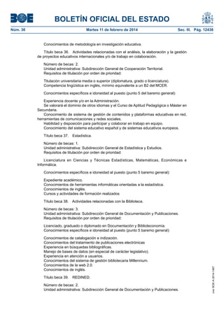 BOLETÍN OFICIAL DEL ESTADO
Martes 11 de febrero de 2014	

Sec. III. Pág. 12438

Conocimientos de metodología en investigación educativa.
Título beca 36.  Actividades relacionadas con el análisis, la elaboración y la gestión
de proyectos educativos internacionales y/o de trabajo en colaboración.
Número de becas: 2.
Unidad administrativa: Subdirección General de Cooperación Territorial.
Requisitos de titulación por orden de prioridad:
Titulación universitaria media o superior (diplomatura, grado o licenciatura).
Competencia lingüística en inglés, mínimo equivalente a un B2 del MCER.
Conocimientos específicos e idoneidad al puesto (punto 5 del baremo general):
Experiencia docente y/o en la Administración.
Se valorará el dominio de otros idiomas y el Curso de Aptitud Pedagógica o Máster en
Secundaria.
Conocimiento de sistema de gestión de contenidos y plataformas educativas en red,
herramientas de comunicaciones y redes sociales.
Habilidad y disposición para participar y colaborar en trabajo en equipo.
Conocimiento del sistema educativo español y de sistemas educativos europeos.
Título beca 37.  Estadística.
Número de becas: 1.
Unidad administrativa: Subdirección General de Estadística y Estudios.
Requisitos de titulación por orden de prioridad:
Licenciatura en Ciencias y Técnicas Estadísticas, Matemáticas, Económicas e
Informática.
Conocimientos específicos e idoneidad al puesto (punto 5 baremo general):
Expediente académico.
Conocimientos de herramientas informáticas orientadas a la estadística.
Conocimientos de inglés.
Cursos y actividades de formación realizados
Título beca 38.  Actividades relacionadas con la Biblioteca.
Número de becas: 3.
Unidad administrativa: Subdirección General de Documentación y Publicaciones.
Requisitos de titulación por orden de prioridad:
Licenciado, graduado o diplomado en Documentación y Biblioteconomía.
Conocimientos específicos e idoneidad al puesto (punto 5 baremo general):
Conocimientos de catalogación e indización.
Conocimientos del tratamiento de publicaciones electrónicas
Experiencia en búsquedas bibliográficas.
Manejo de bases de datos (en especial de carácter legislativo).
Experiencia en atención a usuarios.
Conocimientos del sistema de gestión bibliotecaria Millennium.
Conocimientos de la web 2.0.
Conocimientos de inglés.
Título beca 39.  REDINED.
Número de becas: 2.
Unidad administrativa: Subdirección General de Documentación y Publicaciones.

cve: BOE-A-2014-1467

Núm. 36	

 