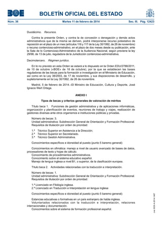 BOLETÍN OFICIAL DEL ESTADO
Núm. 36	

Martes 11 de febrero de 2014	

Sec. III. Pág. 12423

Duodécimo.  Recursos.
Contra la presente Orden, y contra la de concesión o denegación y demás actos
administrativos que de la misma se deriven, podrá interponerse recurso potestativo de
reposición en el plazo de un mes (artículos 116 y 117 de la Ley 30/1992, de 26 de noviembre)
o recurso contencioso-administrativo, en el plazo de dos meses desde su publicación, ante
la Sala de lo Contencioso-Administrativo de la Audiencia Nacional, según previene la ley
29/98, de 13 de julio, reguladora de la Jurisdicción contencioso-administrativa.
Decimotercero.  Régimen jurídico.
En lo no previsto en esta Orden se estará a lo dispuesto en la Orden EDU/2788/2011,
de 10 de octubre («BOE» de 18 de octubre), por la que se establecen las bases
reguladoras de las becas para la formación e investigación en el Ministerio de Educación,
así como en la Ley 38/2003, de 17 de noviembre, y sus disposiciones de desarrollo, y
supletoriamente en la Ley 30/1992, de 26 de noviembre.
Madrid, 5 de febrero de 2014.–El Ministro de Educación, Cultura y Deporte, José
Ignacio Wert Ortega.
ANEXO I
Tipos de becas y criterios generales de valoración de méritos
Título beca 1.  Funciones de gestión administrativa y de aplicaciones informáticas,
organización y planificación de eventos, reuniones de trabajo y viajes, realización de
gestiones diversas ante otros organismos e instituciones públicas y privadas.
Número de becas: 3.
Unidad administrativa: Subdirección General de Orientación y Formación Profesional.
Requisitos de titulación por orden de prioridad:
1.ª  Técnico Superior en Asistencia a la Dirección;
2.ª  Técnico Superior en Secretariado.
3.ª  Técnico Gestión Administrativa.
Conocimientos específicos e idoneidad al puesto (punto 5 baremo general):
Conocimientos en ofimática: manejo a nivel de usuario avanzado de bases de datos,
procesadores de texto y hojas de cálculo.
Conocimiento de procedimientos administrativos.
Conocimiento sobre el sistema educativo español.
Manejo de lengua inglesa a nivel B1, o superior, de la clasificación europea.
Título beca 2.  Actividades relacionadas con la traducción e interpretación.
Número de becas: 1.
Unidad administrativa: Subdirección General de Orientación y Formación Profesional.
Requisitos de titulación por orden de prioridad:

Conocimientos específicos e idoneidad al puesto (punto 5 baremo general):
Estancias educativas o formativas en un país extranjero de habla inglesa.
Voluntariados relacionados con la traducción e interpretación, relaciones
internacionales y documentación.
Conocimientos sobre el sistema de formación profesional español.

cve: BOE-A-2014-1467

1.ª Licenciado en Filología inglesa.
2.ª Licenciado en Traducción e Interpretación en lengua inglesa

 