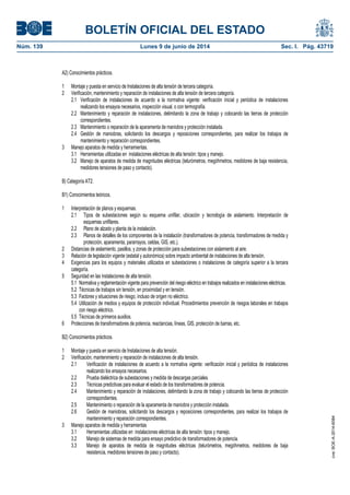 BOLETÍN OFICIAL DEL ESTADO
Núm. 139	 Lunes 9 de junio de 2014	 Sec. I. Pág. 43719
A2) Conocimientos prácticos.
1 Montaje y puesta en servicio de Instalaciones de alta tensión de tercera categoría.
2 Verificación, mantenimiento y reparación de instalaciones de alta tensión de tercera categoría.
2.1 Verificación de instalaciones de acuerdo a la normativa vigente: verificación inicial y periódica de instalaciones
realizando los ensayos necesarios, inspección visual, o con termografía.
2.2 Mantenimiento y reparación de instalaciones, delimitando la zona de trabajo y colocando las tierras de protección
correspondientes.
2.3 Mantenimiento o reparación de la aparamenta de maniobra y protección instalada.
2.4 Gestión de maniobras, solicitando los descargos y reposiciones correspondientes, para realizar los trabajos de
mantenimiento y reparación correspondientes.
3 Manejo aparatos de medida y herramientas.
3.1 Herramientas utilizadas en instalaciones eléctricas de alta tensión: tipos y manejo.
3.2 Manejo de aparatos de medida de magnitudes eléctricas (telurómetros, megóhmetros, medidores de baja resistencia,
medidores tensiones de paso y contacto).
B) Categoría AT2.
B1) Conocimientos teóricos.
1 Interpretación de planos y esquemas.
2.1 Tipos de subestaciones según su esquema unifilar, ubicación y tecnología de aislamiento. Interpretación de
esquemas unifilares.
2.2 Plano de alzado y planta de la instalación.
2.3 Planos de detalles de los componentes de la instalación (transformadores de potencia, transformadores de medida y
protección, aparamenta, pararrayos, celdas, GIS, etc.).
2 Distancias de aislamiento, pasillos, y zonas de protección para subestaciones con aislamiento al aire.
3 Relación de legislación vigente (estatal y autonómica) sobre impacto ambiental de instalaciones de alta tensión.
4 Exigencias para los equipos y materiales utilizados en subestaciones o instalaciones de categoría superior a la tercera
categoría.
5 Seguridad en las instalaciones de alta tensión.
5.1 Normativa y reglamentación vigente para prevención del riesgo eléctrico en trabajos realizados en instalaciones eléctricas.
5.2 Técnicas de trabajos sin tensión, en proximidad y en tensión.
5.3 Factores y situaciones de riesgo, incluso de origen no eléctrico.
5.4 Utilización de medios y equipos de protección individual. Procedimientos prevención de riesgos laborales en trabajos
con riesgo eléctrico.
5.5 Técnicas de primeros auxilios.
6 Protecciones de transformadores de potencia, reactancias, líneas, GIS, protección de barras, etc.
B2) Conocimientos prácticos.
1 Montaje y puesta en servicio de Instalaciones de alta tensión.
2 Verificación, mantenimiento y reparación de instalaciones de alta tensión.
2.1 Verificación de instalaciones de acuerdo a la normativa vigente: verificación inicial y periódica de instalaciones
realizando los ensayos necesarios.
2.2 Prueba dieléctrica de subestaciones y medida de descargas parciales.
2.3 Técnicas predictivas para evaluar el estado de los transformadores de potencia.
2.4 Mantenimiento y reparación de instalaciones, delimitando la zona de trabajo y colocando las tierras de protección
correspondientes.
2.5 Mantenimiento o reparación de la aparamenta de maniobra y protección instalada.
2.6 Gestión de maniobras, solicitando los descargos y reposiciones correspondientes, para realizar los trabajos de
mantenimiento y reparación correspondientes.
3 Manejo aparatos de medida y herramientas
3.1 Herramientas utilizadas en instalaciones eléctricas de alta tensión: tipos y manejo.
3.2 Manejo de sistemas de medida para ensayo predictivo de transformadores de potencia.
3.3 Manejo de aparatos de medida de magnitudes eléctricas (telurómetros, megóhmetros, medidores de baja
resistencia, medidores tensiones de paso y contacto).
cve:BOE-A-2014-6084
 