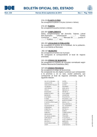 BOLETÍN OFICIAL DEL ESTADO 
Núm. 234 Viernes 26 de septiembre de 2014 Sec. I. Pág. 75244 
216–218 PLANTA O PISOSe consignará la planta o el piso (número o letras). 219–221 PUERTA Se consignará la puerta (número o letras). 222–261 COMPLEMENTODatos complementarios del domicilio. Valores: Literal libre.(Ejemplos: “Urbanización ..........”; “Centro Comercial........, local ..........”; “Mercado de .......... puesto nº .........”; “Edificio .........”; etc). 262–291 LOCALIDAD O POBLACIÓNSe consignará el nombre de la localidad, de la población, etc, si es distinta al Municipio 292–321 MUNICIPIOSe consignará el nombre de municipio Se consignará el correspondiente al local de negocio arrendado. 322–326 CÓDIGO DE MUNICIPIO Se consignará el CODIGO de municipio normalizado según Instituto Nacional de Estadística (INE). 327-328 CÓDIGO PROVINCIASe consignará el código de la provincia. Se consignarán los dos dígitos numéricos que correspondan a la provincia o, en su caso, ciudad autónoma, que corresponda al local de negocios arrendado, según la siguiente relación: ÁLAVA/ARABA ..... 01 LEÓN ......................... 24 ALBACETE .............. 02 LLEIDA ..................... 25 ALICANTE/Alacant . 03 LUGO ........................ 27 ALMERÍA ................ 04 MADRID ................... 28 ASTURIAS ............... 33 MÁLAGA .................. 29 ÁVILA ...................... 05 MELILLA .................. 52 BADAJOZ ................ 06 MURCIA ................... 30 BARCELONA .......... 08 NAVARRA ............... 31 BURGOS .................. 09 OURENSE ................. 32 CÁCERES ................. 10 PALENCIA ............... 34 CÁDIZ ....................... 11 PALMAS, LAS ......... 35 CANTABRIA ........... 39 PONTEVEDRA ........ 36 CASTELLÓN/Castell 12 RIOJA, LA ................. 26 CEÚTA ..................... 51 SALAMANCA ......... 37 CIUDAD REAL ....... 13 S.C.TENERIFE ......... 38 CÓRDOBA ............... 14 SEGOVIA .................. 40 CORUÑA, A ............. 15 SEVILLA ................... 41 CUENCA .................. 16 SORIA ....................... 42 GIRONA ................... 17 TARRAGONA .......... 43 GRANADA .............. 18 TERUEL .................... 44 GUADALAJARA .... 19 TOLEDO ................... 45 GIPÚZKOA .............. 20 VALENCIA ............... 46 HUELVA .................. 21 VALLADOLID ......... 47 HUESCA ................... 22 BIZKAIA ................... 48 ILLES BALEARS .... 07 ZAMORA .................. 49 JAÉN ......................... 23 ZARAGOZA ............. 50 
cve: BOE-A-2014-9740 
 