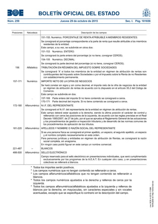 BOLETÍN OFICIAL DEL ESTADO
Núm. 259	 Jueves 29 de octubre de 2015	 Sec. I. Pág. 101656
Posiciones Naturaleza Descripción de los campos
151-155. Numérico. PORCENTAJE DE RENTA ATRIBUIBLE A MIEMBROS RESIDENTES:
Se consignará el porcentaje correspondiente a la parte de renta que resulte atribuible a los miembros
residentes de la entidad.
Este campo, a su vez, se subdivide en otros dos:
151-153  Numérico. ENTERO:
Se consignará la parte entera del porcentaje (si no tiene, consignar CEROS).
154-155  Numérico. DECIMAL:
Se consignará la parte decimal del porcentaje (si no tiene, consignar CEROS).
156 Alfabético TRIBUTACIÓN EN RÉGIMEN DEL IMPUESTO SOBRE SOCIEDADES
Se consignará ‘X’ si todos los miembros de la entidad en régimen de atribución de rentas son
contribuyentes del Impuesto sobre Sociedades o por el Impuesto sobre la Renta de no Residentes
con establecimiento permanente.
157-171 Numérico IMPORTE NETO DE LA CIFRA DE NEGOCIOS
Se hará constar sin signo y sin coma decimal, el importe neto de la cifra de negocios de la entidad
en régimen de atribución de rentas de acuerdo con lo dispuesto en el artículo 35.2 del Código de
Comercio.
Este campo se subdivide en dos:
. 157-169  Parte entera del importe Si no tiene contenido se consignará a ceros.
170-171  Parte decimal del importe. Si no tiene contenido se consignará a ceros.
172-180 Alfanumérico N.I.F. DEL REPRESENTANTE
Se consignará el N.I.F. del representante de la entidad en régimen de atribución de rentas.
Este campo deberá estar ajustado a la derecha, siendo la última posición el carácter de control y
rellenando con ceros las posiciones de la izquierda, de acuerdo con las reglas previstas en el Real
Decreto 1065/2007, de 27 de julio, por el que se aprueba el Reglamento General de las actuaciones
y los procedimientos de gestión e inspección tributaria y de desarrollo de las normas comunes de
los procedimientos de aplicación de los tributos.
181-220 Alfanumérico APELLIDOS Y NOMBRE O RAZÓN SOCIAL DEL REPRESENTANTE
Si es una persona física se consignará el primer apellido, un espacio, el segundo apellido, un espacio
y el nombre completo necesariamente en este orden.
Para personas jurídicas y entidades en régimen de atribución de Rentas, se consignará la razón
social completa, sin anagrama.
En ningún caso podrá figurar en este campo un nombre comercial.
221-487 – BLANCOS
488-500 Alfanumérico SELLO ELECTRÓNICO
Campo reservado para el sello electrónico en presentaciones individuales, que será cumplimentado
exclusivamente por los programas de la A.E.A.T. En cualquier otro caso, y en presentaciones
colectivas se rellenará a blancos.
*  Todos los importes serán positivos.
*  Los campos numéricos que no tengan contenido se rellenarán a ceros.
* Los campos alfanuméricos/alfabéticos que no tengan contenido se rellenarán a
blancos.
* Todos los campos numéricos ajustados a la derecha y rellenos de ceros por la
izquierda.
* Todos los campos alfanuméricos/alfabéticos ajustados a la izquierda y rellenos de
blancos por la derecha, en mayúsculas, sin caracteres especiales y sin vocales
acentuadas, excepto que se especifique lo contrario en la descripción del campo.
cve:BOE-A-2015-11596
Verificableenhttp://www.boe.es
 