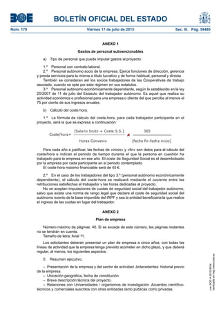 BOLETÍN OFICIAL DEL ESTADO
Núm. 170	 Viernes 17 de julio de 2015	 Sec. III. Pág. 59480
ANEXO 1
Gastos de personal subvencionables
a)  Tipo de personal que puede imputar gastos al proyecto:
1.º  Personal con contrato laboral.
2.º  Personal autónomo socio de la empresa. Ejerce funciones de dirección, gerencia
y presta servicios para la misma a título lucrativo y de forma habitual, personal y directa.
También se consideran así los socios trabajadores de las Cooperativas de trabajo
asociado, cuando se opte por este régimen en sus estatutos.
3.º  Personal autónomo económicamente dependiente, según lo establecido en la ley
20/2007 de 11 de julio del Estatuto del trabajador autónomo. Es aquel que realiza su
actividad económica o profesional para una empresa o cliente del que percibe al menos el
75 por ciento de sus ingresos anuales.
b)  Cálculo del coste hora.
1.º  La fórmula de cálculo del coste-hora, para cada trabajador participante en el
proyecto, será la que se expresa a continuación:
Para cada año a justificar, las fechas de «inicio» y «fin» son datos para el cálculo del
coste/hora e indican el periodo de tiempo durante el que la persona en cuestión ha
trabajado para la empresa en ese año. El coste de Seguridad Social es el desembolsado
por la empresa por cada participante en el periodo contemplado.
El coste hora máximo financiable será de 40 €.
2.º  En el caso de los trabajadores del tipo 3.º (personal autónomo económicamente
dependiente), el cálculo del coste-hora se realizará mediante el cociente entre las
retribuciones satisfechas al trabajador y las horas dedicadas al proyecto.
No se aceptan imputaciones de cuotas de seguridad social del trabajador autónomo,
salvo que exista una norma de rango legal que declare el coste de seguridad social del
autónomo exento de la base imponible del IRPF y sea la entidad beneficiaria la que realice
el ingreso de las cuotas en lugar del trabajador.
ANEXO 2
Plan de empresa
Número máximo de páginas: 40. Si se excede de este número, las páginas restantes
no se tendrán en cuenta.
Tamaño de letra: Arial 11.
Los solicitantes deberán presentar un plan de empresa a cinco años, con todas las
líneas de actividad que la empresa tenga previsto acometer en dicho plazo, y que deberá
regular, al menos, los siguientes aspectos:
0.  Resumen ejecutivo.
–  Presentación de la empresa y del sector de actividad. Antecedentes: historial previo
de la empresa.
–  Ubicación geográfica, fecha de constitución.
–  Breve descripción técnica del proyecto.
– Relaciones con Universidades / organismos de investigación. Acuerdos científico-
técnicos y comerciales suscritos con otras entidades tanto públicas como privadas.
cve:BOE-A-2015-8034
Verificableenhttp://www.boe.es
 