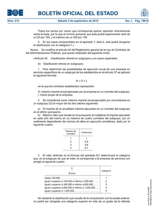 BOLETÍN OFICIAL DEL ESTADO
Núm. 213	 Sábado 5 de septiembre de 2015	 Sec. I. Pág. 78610
Todos los tantos por ciento que corresponda aplicar operarán directamente
sobre la base, por lo que el mínimo aumento que ésta podrá experimentar será de
un 20 por 100, y el máximo de un 320 por 100.
4.  En los casos comprendidos en el apartado 1, letra b, solo podrá otorgarse
la clasificación con la categoría 1.»
Nueve.  Se modifica el artículo 45 del Reglamento general de la Ley de Contratos de
las Administraciones Públicas, que queda redactado del siguiente modo:
«Artículo 45.  Clasificación directa en subgrupos y en casos especiales.
A)  Clasificación directa en subgrupos.
1.  Para determinar las posibilidades de ejecución anual de una empresa en
servicios específicos de un subgrupo de los establecidos en el artículo 37 se aplicará
la siguiente fórmula:
K = O × I,
en la que los símbolos establecidos representan:
O, máximo importe anual ejecutado por la empresa en un contrato del subgrupo.
I, índice propio de la empresa.
2.  Se considerará como máximo importe anual ejecutado por una empresa en
un subgrupo (O) el mayor de los dos valores siguientes:
a)  El importe de la anualidad máxima ejecutado en un contrato del subgrupo
en el último quinquenio.
b)  Máximo valor que resulte en el quinquenio al multiplicar el importe ejecutado
en cada año del mismo en un máximo de cuatro contratos del subgrupo, por un
coeficiente dependiente del número de ellos en ejecución simultánea, dado por el
siguiente cuadro:
Número de
contratos
Coeficiente
1 1
2 0,9
3 0,8
4 0,7
3.  El valor obtenido en la fórmula del apartado A)1 determinará la categoría
que, en el subgrupo de que se trate, le corresponda a la empresa de servicios con
arreglo al siguiente cuadro:
K
–
(Euros)
Categoría
Hasta 150.000 . . . . . . . . . . . . . . . . . . . . . . . . . . . . . . 1
Igual o superior a 150.000 e inferior a 300.000 . . . . . 2
Igual o superior a 300.000 e inferior a 600.000 . . . . . 3
Igual o superior a 600.000 e inferior a 1.200.000 . . . 4
Igual o superior a 1.200.000 . . . . . . . . . . . . . . . . . . . 5
No obstante la clasificación que resulte de la comparación con la escala anterior,
no podrá ser otorgada una categoría superior en más de un grado de la referida
cve:BOE-A-2015-9607
Verificableenhttp://www.boe.es
 
