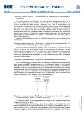 BOLETÍN OFICIAL DEL ESTADO
Núm. 213	 Sábado 5 de septiembre de 2015	 Sec. I. Pág. 78618
Disposición adicional segunda.  Desconcentración de competencias en los contratos de
suministros.
Sin perjuicio de las competencias que pudieran tener atribuidas en virtud de la
disposición adicional tercera del texto refundido de la Ley de Contratos del Sector
Público, aprobado por Real Decreto Legislativo 3/2011, de 14 de noviembre, se
desconcentran en los órganos de contratación de los departamentos ministeriales y de
los organismos autónomos y demás entidades públicas estatales las competencias
definidas en el artículo 207 del citado texto refundido, para la adquisición y el
arrendamiento de equipos y sistemas para el tratamiento de información, sus dispositivos
y programas y la cesión del derecho de uso a estos últimos siempre que el presupuesto
de licitación de dichos contratos sea inferior a un millón de euros, Impuesto sobre el
Valor Añadido excluido.
Quedan exceptuados los contratos de suministro que afecten a varios departamentos
ministeriales.
Disposición transitoria primera.  Expedientes iniciados y contratos adjudicados con
anterioridad a la entrada en vigor de este real decreto.
Los expedientes de contratación iniciados antes de la entrada en vigor de este real
decreto se regirán por la normativa anterior. A estos efectos se entenderá que los
expedientes de contratación han sido iniciados si se hubiera publicado la correspondiente
convocatoria del procedimiento de adjudicación del contrato. En el caso de procedimientos
negociados, para determinar el momento de iniciación se tomará en cuenta la fecha de
aprobación de los pliegos.
Disposición transitoria segunda.  Clasificación exigible para los contratos de obras.
Para los contratos de obras cuyo plazo de presentación de ofertas termine antes del
día uno de enero de 2020 las clasificaciones en los subgrupos incluidos en el artículo 26
del Reglamento surtirán sus efectos, con el alcance y límites cuantitativos determinados
para cada subgrupo y categoría de clasificación, tanto si fueron otorgadas en los términos
establecidos por el presente real decreto como si lo fueron con anterioridad a su entrada
en vigor y en los términos establecidos por el Real Decreto 1098/2001, de 12 de octubre,
por el que se aprueba el Reglamento general de la Ley de Contratos de las Administraciones
Públicas, de acuerdo con el siguiente cuadro de equivalencias:
Categoría
del contrato
Categoría
Real Decreto
1098/2001
1 A ó B
2 C
3 D
4 E
5 F
6 F
Disposición transitoria tercera.  Clasificaciones de los contratos de servicios otorgadas
con anterioridad a la entrada en vigor del real decreto.
A partir de la entrada en vigor del presente real decreto no será exigible la clasificación
para los contratos de servicios.
Para los contratos de servicios cuyo plazo de presentación de ofertas termine antes
del día uno de enero de 2020 las clasificaciones en los subgrupos incluidos en el artículo 37
del Reglamento surtirán sus efectos, con el alcance y límites cuantitativos determinados
para cada subgrupo y categoría de clasificación, tanto si fueron otorgadas en los términos
cve:BOE-A-2015-9607
Verificableenhttp://www.boe.es
 