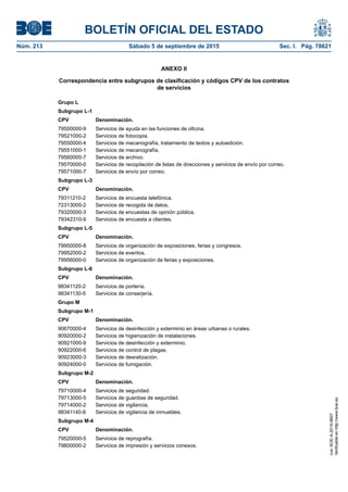 BOLETÍN OFICIAL DEL ESTADO
Núm. 213	 Sábado 5 de septiembre de 2015	 Sec. I. Pág. 78621
ANEXO II
Correspondencia entre subgrupos de clasificación y códigos CPV de los contratos
de servicios
Grupo L
Subgrupo L-1
CPV Denominación.
79500000-9 Servicios de ayuda en las funciones de oficina.
79521000-2 Servicios de fotocopia.
79550000-4 Servicios de mecanografía, tratamiento de textos y autoedición.
79551000-1 Servicios de mecanografía.
79560000-7 Servicios de archivo.
79570000-0 Servicios de recopilación de listas de direcciones y servicios de envío por correo.
79571000-7 Servicios de envío por correo.
Subgrupo L-3
CPV Denominación.
79311210-2 Servicios de encuesta telefónica.
72313000-2 Servicios de recogida de datos.
79320000-3 Servicios de encuestas de opinión pública.
79342310-9 Servicios de encuesta a clientes.
Subgrupo L-5
CPV Denominación.
79950000-8 Servicios de organización de exposiciones, ferias y congresos.
79952000-2 Servicios de eventos.
79956000-0 Servicios de organización de ferias y exposiciones.
Subgrupo L-6
CPV Denominación.
98341120-2 Servicios de portería.
98341130-5 Servicios de conserjería.
Grupo M
Subgrupo M-1
CPV Denominación.
90670000-4 Servicios de desinfección y exterminio en áreas urbanas o rurales.
90920000-2 Servicios de higienización de instalaciones.
90921000-9 Servicios de desinfección y exterminio.
90922000-6 Servicios de control de plagas.
90923000-3 Servicios de desratización.
90924000-0 Servicios de fumigación.
Subgrupo M-2
CPV Denominación.
79710000-4 Servicios de seguridad.
79713000-5 Servicios de guardias de seguridad.
79714000-2 Servicios de vigilancia.
98341140-8 Servicios de vigilancia de inmuebles.
Subgrupo M-4
CPV Denominación.
79520000-5 Servicios de reprografía.
79800000-2 Servicios de impresión y servicios conexos.
cve:BOE-A-2015-9607
Verificableenhttp://www.boe.es
 