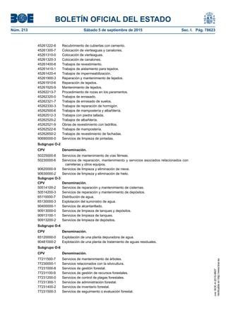 BOLETÍN OFICIAL DEL ESTADO
Núm. 213	 Sábado 5 de septiembre de 2015	 Sec. I. Pág. 78623
45261222-6 Recubrimiento de cubiertas con cemento.
45261300-7 Colocación de vierteaguas y canalones.
45261310-0 Colocación de vierteaguas.
45261320-3 Colocación de canalones.
45261400-8 Trabajos de revestimiento.
45261410-1 Trabajos de aislamiento para tejados.
45261420-4 Trabajos de impermeabilización.
45261900-3 Reparación y mantenimiento de tejados.
45261910-6 Reparación de tejados.
45261920-9 Mantenimiento de tejados.
45262213-7 Procedimiento de rozas en los paramentos.
45262320-0 Trabajos de enrasado.
45262321-7 Trabajos de enrasado de suelos.
45262330-3 Trabajos de reparación de hormigón.
45262500-6 Trabajos de mampostería y albañilería.
45262512-3 Trabajos con piedra tallada.
45262520-2 Trabajos de albañilería.
45262521-9 Obras de revestimiento con ladrillos.
45262522-6 Trabajos de mampostería.
45262650-2 Trabajos de revestimiento de fachadas.
90690000-0 Servicios de limpieza de pintadas.
Subgrupo O-2
CPV Denominación.
50225000-8 Servicios de mantenimiento de vías férreas.
50230000-6 Servicios de reparación, mantenimiento y servicios asociados relacionados con
carreteras y otros equipos.
90620000-9 Servicios de limpieza y eliminación de nieve.
90630000-2 Servicios de limpieza y eliminación de hielo.
Subgrupo O-3
CPV Denominación.
50514100-2 Servicios de reparación y mantenimiento de cisternas.
50514200-3 Servicios de reparación y mantenimiento de depósitos.
65110000-7 Distribución de agua.
65130000-3 Explotación del suministro de agua.
90400000-1 Servicios de alcantarillado.
90913000-0 Servicios de limpieza de tanques y depósitos.
90913100-1 Servicios de limpieza de tanques.
90913200-2 Servicios de limpieza de depósitos.
Subgrupo O-4
CPV Denominación.
65120000-0 Explotación de una planta depuradora de agua.
90481000-2 Explotación de una planta de tratamiento de aguas residuales.
Subgrupo O-6
CPV Denominación.
77211500-7 Servicios de mantenimiento de árboles.
77230000-1 Servicios relacionados con la silvicultura.
77231000-8 Servicios de gestión forestal.
77231100-9 Servicios de gestión de recursos forestales.
77231200-0 Servicios de control de plagas forestales.
77231300-1 Servicios de administración forestal.
77231400-2 Servicios de inventario forestal.
77231500-3 Servicios de seguimiento o evaluación forestal.
cve:BOE-A-2015-9607
Verificableenhttp://www.boe.es
 