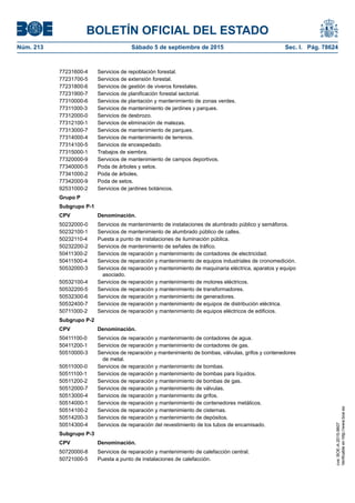 BOLETÍN OFICIAL DEL ESTADO
Núm. 213	 Sábado 5 de septiembre de 2015	 Sec. I. Pág. 78624
77231600-4 Servicios de repoblación forestal.
77231700-5 Servicios de extensión forestal.
77231800-6 Servicios de gestión de viveros forestales.
77231900-7 Servicios de planificación forestal sectorial.
77310000-6 Servicios de plantación y mantenimiento de zonas verdes.
77311000-3 Servicios de mantenimiento de jardines y parques.
77312000-0 Servicios de desbrozo.
77312100-1 Servicios de eliminación de malezas.
77313000-7 Servicios de mantenimiento de parques.
77314000-4 Servicios de mantenimiento de terrenos.
77314100-5 Servicios de encespedado.
77315000-1 Trabajos de siembra.
77320000-9 Servicios de mantenimiento de campos deportivos.
77340000-5 Poda de árboles y setos.
77341000-2 Poda de árboles.
77342000-9 Poda de setos.
92531000-2 Servicios de jardines botánicos.
Grupo P
Subgrupo P-1
CPV Denominación.
50232000-0 Servicios de mantenimiento de instalaciones de alumbrado público y semáforos.
50232100-1 Servicios de mantenimiento de alumbrado público de calles.
50232110-4 Puesta a punto de instalaciones de iluminación pública.
50232200-2 Servicios de mantenimiento de señales de tráfico.
50411300-2 Servicios de reparación y mantenimiento de contadores de electricidad.
50411500-4 Servicios de reparación y mantenimiento de equipos industriales de cronomedición.
50532000-3 Servicios de reparación y mantenimiento de maquinaria eléctrica, aparatos y equipo
asociado.
50532100-4 Servicios de reparación y mantenimiento de motores eléctricos.
50532200-5 Servicios de reparación y mantenimiento de transformadores.
50532300-6 Servicios de reparación y mantenimiento de generadores.
50532400-7 Servicios de reparación y mantenimiento de equipos de distribución eléctrica.
50711000-2 Servicios de reparación y mantenimiento de equipos eléctricos de edificios.
Subgrupo P-2
CPV Denominación.
50411100-0 Servicios de reparación y mantenimiento de contadores de agua.
50411200-1 Servicios de reparación y mantenimiento de contadores de gas.
50510000-3 Servicios de reparación y mantenimiento de bombas, válvulas, grifos y contenedores
de metal.
50511000-0 Servicios de reparación y mantenimiento de bombas.
50511100-1 Servicios de reparación y mantenimiento de bombas para líquidos.
50511200-2 Servicios de reparación y mantenimiento de bombas de gas.
50512000-7 Servicios de reparación y mantenimiento de válvulas.
50513000-4 Servicios de reparación y mantenimiento de grifos.
50514000-1 Servicios de reparación y mantenimiento de contenedores metálicos.
50514100-2 Servicios de reparación y mantenimiento de cisternas.
50514200-3 Servicios de reparación y mantenimiento de depósitos.
50514300-4 Servicios de reparación del revestimiento de los tubos de encamisado.
Subgrupo P-3
CPV Denominación.
50720000-8 Servicios de reparación y mantenimiento de calefacción central.
50721000-5 Puesta a punto de instalaciones de calefacción.
cve:BOE-A-2015-9607
Verificableenhttp://www.boe.es
 