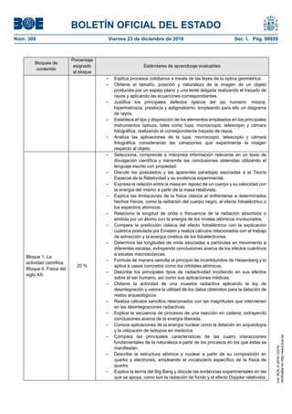 BOLETÍN OFICIAL DEL ESTADO
Núm. 309	 Viernes 23 de diciembre de 2016	 Sec. I. Pág. 89920
Bloques de
contenido
Porcentaje
asignado
al bloque
Estándares de aprendizaje evaluables
– Explica procesos cotidianos a través de las leyes de la óptica geométrica.
– Obtiene el tamaño, posición y naturaleza de la imagen de un objeto
producida por un espejo plano y una lente delgada realizando el trazado de
rayos y aplicando las ecuaciones correspondientes.
– Justifica los principales defectos ópticos del ojo humano: miopía,
hipermetropía, presbicia y astigmatismo, empleando para ello un diagrama
de rayos.
– Establece el tipo y disposición de los elementos empleados en los principales
instrumentos ópticos, tales como lupa, microscopio, telescopio y cámara
fotográfica, realizando el correspondiente trazado de rayos.
– Analiza las aplicaciones de la lupa, microscopio, telescopio y cámara
fotográfica considerando las variaciones que experimenta la imagen
respecto al objeto.
Bloque 1. La
actividad científica.
Bloque 6. Física del
siglo XX.
20 %
– Selecciona, comprende e interpreta información relevante en un texto de
divulgación científica y transmite las conclusiones obtenidas utilizando el
lenguaje escrito con propiedad.
– Discute los postulados y las aparentes paradojas asociadas a la Teoría
Especial de la Relatividad y su evidencia experimental.
– Expresa la relación entre la masa en reposo de un cuerpo y su velocidad con
la energía del mismo a partir de la masa relativista.
– Explica las limitaciones de la física clásica al enfrentarse a determinados
hechos físicos, como la radiación del cuerpo negro, el efecto fotoeléctrico o
los espectros atómicos.
– Relaciona la longitud de onda o frecuencia de la radiación absorbida o
emitida por un átomo con la energía de los niveles atómicos involucrados.
– Compara la predicción clásica del efecto fotoeléctrico con la explicación
cuántica postulada por Einstein y realiza cálculos relacionados con el trabajo
de extracción y la energía cinética de los fotoelectrones.
– Determina las longitudes de onda asociadas a partículas en movimiento a
diferentes escalas, extrayendo conclusiones acerca de los efectos cuánticos
a escalas macroscópicas.
– Formula de manera sencilla el principio de incertidumbre de Heisenberg y lo
aplica a casos concretos como los orbitales atómicos.
– Describe los principales tipos de radiactividad incidiendo en sus efectos
sobre el ser humano, así como sus aplicaciones médicas.
– Obtiene la actividad de una muestra radiactiva aplicando la ley de
desintegración y valora la utilidad de los datos obtenidos para la datación de
restos arqueológicos.
– Realiza cálculos sencillos relacionados con las magnitudes que intervienen
en las desintegraciones radiactivas.
– Explica la secuencia de procesos de una reacción en cadena, extrayendo
conclusiones acerca de la energía liberada.
– Conoce aplicaciones de la energía nuclear como la datación en arqueología
y la utilización de isótopos en medicina.
– Compara las principales características de las cuatro interacciones
fundamentales de la naturaleza a partir de los procesos en los que estas se
manifiestan.
– Describe la estructura atómica y nuclear a partir de su composición en
quarks y electrones, empleando el vocabulario específico de la física de
quarks.
– Explica la teoría del Big Bang y discute las evidencias experimentales en las
que se apoya, como son la radiación de fondo y el efecto Doppler relativista.
cve:BOE-A-2016-12219
Verificableenhttp://www.boe.es
 