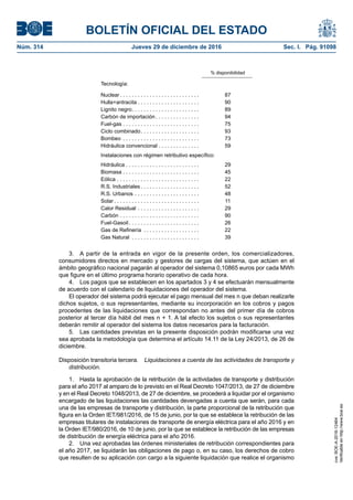 BOLETÍN OFICIAL DEL ESTADO
Núm. 314	 Jueves 29 de diciembre de 2016	 Sec. I. Pág. 91098
% disponibilidad
Tecnología:
Nuclear  . . . . . . . . . . . . . . . . . . . . . . . . . .  87
Hulla+antracita  . . . . . . . . . . . . . . . . . . . .  90
Lignito negro . . . . . . . . . . . . . . . . . . . . . .  89
Carbón de importación  . . . . . . . . . . . . . .  94
Fuel-gas . . . . . . . . . . . . . . . . . . . . . . . . . . 75
Ciclo combinado . . . . . . . . . . . . . . . . . . .  93
Bombeo . . . . . . . . . . . . . . . . . . . . . . . . . .  73
Hidráulica convencional . . . . . . . . . . . . . . 59
Instalaciones con régimen retributivo específico:
Hidráulica . . . . . . . . . . . . . . . . . . . . . . . . . 29
Biomasa . . . . . . . . . . . . . . . . . . . . . . . . . . 45
Eólica . . . . . . . . . . . . . . . . . . . . . . . . . . . .  22
R.S. Industriales  . . . . . . . . . . . . . . . . . . .  52
R.S. Urbanos . . . . . . . . . . . . . . . . . . . . . .  48
Solar  . . . . . . . . . . . . . . . . . . . . . . . . . . . .  11
Calor Residual . . . . . . . . . . . . . . . . . . . . .  29
Carbón . . . . . . . . . . . . . . . . . . . . . . . . . . .  90
Fuel-Gasoil  . . . . . . . . . . . . . . . . . . . . . . .  26
Gas de Refinería . . . . . . . . . . . . . . . . . . .  22
Gas Natural . . . . . . . . . . . . . . . . . . . . . . .  39
3.  A partir de la entrada en vigor de la presente orden, los comercializadores,
consumidores directos en mercado y gestores de cargas del sistema, que actúen en el
ámbito geográfico nacional pagarán al operador del sistema 0,10865 euros por cada MWh
que figure en el último programa horario operativo de cada hora.
4.  Los pagos que se establecen en los apartados 3 y 4 se efectuarán mensualmente
de acuerdo con el calendario de liquidaciones del operador del sistema.
El operador del sistema podrá ejecutar el pago mensual del mes n que deban realizarle
dichos sujetos, o sus representantes, mediante su incorporación en los cobros y pagos
procedentes de las liquidaciones que correspondan no antes del primer día de cobros
posterior al tercer día hábil del mes n + 1. A tal efecto los sujetos o sus representantes
deberán remitir al operador del sistema los datos necesarios para la facturación.
5.  Las cantidades previstas en la presente disposición podrán modificarse una vez
sea aprobada la metodología que determina el artículo 14.11 de la Ley 24/2013, de 26 de
diciembre.
Disposición transitoria tercera.  Liquidaciones a cuenta de las actividades de transporte y
distribución.
1.  Hasta la aprobación de la retribución de la actividades de transporte y distribución
para el año 2017 al amparo de lo previsto en el Real Decreto 1047/2013, de 27 de diciembre
y en el Real Decreto 1048/2013, de 27 de diciembre, se procederá a liquidar por el organismo
encargado de las liquidaciones las cantidades devengadas a cuenta que serán, para cada
una de las empresas de transporte y distribución, la parte proporcional de la retribución que
figura en la Orden IET/981/2016, de 15 de junio, por la que se establece la retribución de las
empresas titulares de instalaciones de transporte de energía eléctrica para el año 2016 y en
la Orden IET/980/2016, de 10 de junio, por la que se establece la retribución de las empresas
de distribución de energía eléctrica para el año 2016.
2.  Una vez aprobadas las órdenes ministeriales de retribución correspondientes para
el año 2017, se liquidarán las obligaciones de pago o, en su caso, los derechos de cobro
que resulten de su aplicación con cargo a la siguiente liquidación que realice el organismo
cve:BOE-A-2016-12464
Verificableenhttp://www.boe.es
 