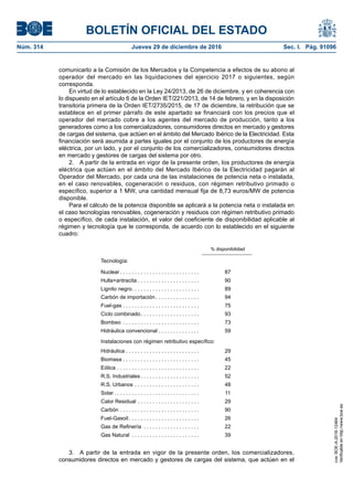 BOLETÍN OFICIAL DEL ESTADO
Núm. 314	 Jueves 29 de diciembre de 2016	 Sec. I. Pág. 91096
comunicarlo a la Comisión de los Mercados y la Competencia a efectos de su abono al
operador del mercado en las liquidaciones del ejercicio 2017 o siguientes, según
corresponda.
En virtud de lo establecido en la Ley 24/2013, de 26 de diciembre, y en coherencia con
lo dispuesto en el artículo 6 de la Orden IET/221/2013, de 14 de febrero, y en la disposición
transitoria primera de la Orden IET/2735/2015, de 17 de diciembre, la retribución que se
establece en el primer párrafo de este apartado se financiará con los precios que el
operador del mercado cobre a los agentes del mercado de producción, tanto a los
generadores como a los comercializadores, consumidores directos en mercado y gestores
de cargas del sistema, que actúen en el ámbito del Mercado Ibérico de la Electricidad. Esta
financiación será asumida a partes iguales por el conjunto de los productores de energía
eléctrica, por un lado, y por el conjunto de los comercializadores, consumidores directos
en mercado y gestores de cargas del sistema por otro.
2.  A partir de la entrada en vigor de la presente orden, los productores de energía
eléctrica que actúen en el ámbito del Mercado Ibérico de la Electricidad pagarán al
Operador del Mercado, por cada una de las instalaciones de potencia neta o instalada,
en el caso renovables, cogeneración o residuos, con régimen retributivo primado o
específico, superior a 1 MW, una cantidad mensual fija de 8,73 euros/MW de potencia
disponible.
Para el cálculo de la potencia disponible se aplicará a la potencia neta o instalada en
el caso tecnologías renovables, cogeneración y residuos con régimen retributivo primado
o específico, de cada instalación, el valor del coeficiente de disponibilidad aplicable al
régimen y tecnología que le corresponda, de acuerdo con lo establecido en el siguiente
cuadro:
% disponibilidad
Tecnología:
Nuclear  . . . . . . . . . . . . . . . . . . . . . . . . . .  87
Hulla+antracita  . . . . . . . . . . . . . . . . . . . .  90
Lignito negro . . . . . . . . . . . . . . . . . . . . . .  89
Carbón de importación  . . . . . . . . . . . . . .  94
Fuel-gas . . . . . . . . . . . . . . . . . . . . . . . . . . 75
Ciclo combinado . . . . . . . . . . . . . . . . . . .  93
Bombeo . . . . . . . . . . . . . . . . . . . . . . . . . .  73
Hidráulica convencional . . . . . . . . . . . . . . 59
Instalaciones con régimen retributivo específico:
Hidráulica . . . . . . . . . . . . . . . . . . . . . . . . . 29
Biomasa . . . . . . . . . . . . . . . . . . . . . . . . . . 45
Eólica . . . . . . . . . . . . . . . . . . . . . . . . . . . .  22
R.S. Industriales  . . . . . . . . . . . . . . . . . . .  52
R.S. Urbanos . . . . . . . . . . . . . . . . . . . . . .  48
Solar  . . . . . . . . . . . . . . . . . . . . . . . . . . . .  11
Calor Residual . . . . . . . . . . . . . . . . . . . . .  29
Carbón . . . . . . . . . . . . . . . . . . . . . . . . . . .  90
Fuel-Gasoil  . . . . . . . . . . . . . . . . . . . . . . .  26
Gas de Refinería . . . . . . . . . . . . . . . . . . .  22
Gas Natural . . . . . . . . . . . . . . . . . . . . . . .  39
3.  A partir de la entrada en vigor de la presente orden, los comercializadores,
consumidores directos en mercado y gestores de cargas del sistema, que actúen en el
cve:BOE-A-2016-12464
Verificableenhttp://www.boe.es
 