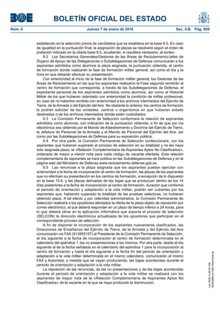 BOLETÍN OFICIAL DEL ESTADO
Núm. 6	 Jueves 7 de enero de 2016	 Sec. II.B. Pág. 809
establecido en la selección previa de candidatos que se establece en la base 8.5. En caso
de igualdad en la puntuación final, la asignación de plazas se resolverá según el orden de
prelación indicado en la citada base 8.5, acudiendo, si resultara necesario, al sorteo.
9.2  Los Secretarios Generales/Gestores de las Áreas de Reclutamiento/Jefes de
Órgano de Apoyo de las Delegaciones o Subdelegaciones de Defensa comunicarán a los
aspirantes admitidos como alumnos la plaza asignada, la puntuación obtenida, el centro
de formación donde realizarán la fase de formación militar general, así como el día y la
hora en que deberán efectuar su presentación.
Con anterioridad al inicio de la fase de formación militar general, los Gestores de las
Áreas de Reclutamiento en las que los aspirantes realizaron la Fase segunda remitirán al
centro de formación que corresponda, a través de las Subdelegaciones de Defensa, el
expediente personal de los aspirantes admitidos como alumnos, así como el Historial
Militar de los que hubieran ostentado con anterioridad la condición de militar profesional,
en caso de no haberlos remitido con anterioridad a los archivos intermedios del Ejército de
Tierra, de la Armada o del Ejército del Aire. No obstante lo anterior, los centros de formación
lo podrán solicitar de las unidades, centros u organismos en que hubieran estado
destinados o de los archivos intermedios donde estén custodiados.
9.3  La Comisión Permanente de Selección conformará la relación de aspirantes
admitidos como alumnos, con indicación de la puntuación obtenida, a fin de que por vía
electrónica sea obtenida por el Mando de Adiestramiento y Doctrina del Ejército de Tierra,
la Jefatura de Personal de la Armada y el Mando de Personal del Ejército del Aire, así
como por las Subdelegaciones de Defensa para su exposición pública.
9.4  Por otra parte, la Comisión Permanente de Selección confeccionará, con los
aspirantes que hubieran superado el proceso de selección en su totalidad y no les haya
sido asignada plaza, la «Relación Complementaria de Aspirantes Aptos No Clasificados»,
ordenada de mayor a menor nota para cada código de vacante ofertada. Esta relación
complementaria de aspirantes se hará pública en las Subdelegaciones de Defensa y en la
página web del Ministerio de Defensa www.reclutamiento.defensa.gob.es.
9.5  Las renuncias a la plaza asignada que los aspirantes puedan ejercitar con
anterioridad a la fecha de incorporación al centro de formación, las plazas de los aspirantes
que no efectúen su presentación en los centros de formación, a excepción de lo dispuesto
en la base 10.4, y las plazas derivadas de las bajas que se produzcan dentro de los 14
días posteriores a la fecha de incorporación al centro de formación, duración que conforma
el periodo de orientación y adaptación a la vida militar, podrán ser cubiertas por los
aspirantes que, habiendo superado la totalidad de las pruebas selectivas, no hubieran
obtenido plaza. A tal efecto y por celeridad administrativa, la Comisión Permanente de
Selección realizará a los opositores afectados la oferta de la plaza objeto de reposición por
correo electrónico, al que deberá responder en un plazo de tiempo inferior a 24 horas, para
lo que deberá obrar en la aplicación informática que soporta el proceso de selección
(SELCON) la dirección electrónica actualizada de los opositores que participan en el
correspondiente proceso de selección.
A fin de disponer la incorporación de los aspirantes nuevamente clasificados, las
Direcciones de Enseñanza del Ejército de Tierra, de la Armada y del Ejército del Aire
comunicarán vía FAX (913955157) al Presidente de la Comisión Permanente de Selección,
el día siguiente a la fecha de incorporación al centro de formación determinada en el
calendario del apéndice 1, las no presentaciones a los mismos. Por otra parte, desde el día
siguiente al de la fecha señalada en el calendario del apéndice 1 para la incorporación al
centro de formación y hasta el día siguiente a la fecha fin del periodo de orientación y
adaptación a la vida militar determinada en el mismo calendario, comunicarán al mismo
FAX y Autoridad, a medida que se vayan produciendo, las bajas acontecidas durante el
periodo de orientación y adaptación a la vida militar.
La reposición de las renuncias, de las no presentaciones y de las bajas acontecidas
durante el periodo de orientación y adaptación a la vida militar se realizará con los
aspirantes de mayor nota de la «Relación Complementaria de Aspirantes Aptos No
Clasificados» de la vacante en la que se haya producido la disminución.
cve:BOE-A-2016-158
Verificableenhttp://www.boe.es
 