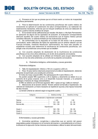 BOLETÍN OFICIAL DEL ESTADO
Núm. 6	 Jueves 7 de enero de 2016	 Sec. II.B. Pág. 814
c)  Procesos en los que se prevea que en el futuro serán un motivo de incapacidad
psicofísica permanente.
2.  Para la determinación de las condiciones psicofísicas del cuadro médico de
exclusiones se aplicará el cuestionario de salud correspondiente y se realizarán las
exploraciones necesarias, entre las que se incluyen analíticas de orina con detección de
tóxicos y podría incluirse analítica de sangre.
3.  En la revisión de las calificaciones por resultar «No Apto» o «No Apto Permanente»
en aplicación de alguno de los apartados de exclusión, la evaluación correspondiente
abarcará aquellos del cuadro médico de exclusiones que el órgano médico pericial
considere relevante, no estando limitado por las evaluaciones previas.
4.  De conformidad con lo dispuesto en la base 8.6 del anexo I de la presente
convocatoria, serán calificados No Aptos los aspirantes que en anterior relación con las
Fuerzas Armadas, mediante Resolución administrativa, les haya sido resuelto un
expediente incoado para determinar la insuficiencia de condiciones psicofísicas, con
arreglo a las circunstancias concurrentes que se detallan:
a)  Con acuerdo adoptado de declaración de la insuficiencia de condiciones
psicofísicas en los cinco años anteriores y en el año de la presente convocatoria.
b)  Con acuerdo adoptado de la utilidad con limitación para ocupar determinados
destinos en los tres años anteriores y en el año de la presente convocatoria.
A.  Parámetros biológicos, enfermedades y causas generales
Parámetros biológicos:
1.  Talla: En bipedestación: Inferior a 155 cm o superior a 203 cm.
2.  Peso: El peso teórico ideal será proporcional a la talla en bipedestación, debiendo
presentar el examinado una constitución armónica.
El índice de masa corporal (IMC): No sobrepasará 29 ni será inferior a 18.
Se podrán aceptar IMC superiores a 29 si objetiva y claramente se deben no a un
aumento de la grasa corporal, sino a un desarrollo muscular marcado, y no presenta
patología ni factores de riesgo sobreañadidos.
El IMC se obtiene con la fórmula siguiente: IMC = (peso en kg) / (talla en metros)².
3.  Alteraciones de la tensión arterial. Tensión arterial normal alta e hipertensión. Se
valorará sin medicación y si fuera necesario se repetirá en ayunas y tras reposo horizontal
de diez minutos.
La tensión arterial se valorará según el siguiente cuadro:
Categoría Sistólica (mmHg) Diastólica (mmHg)
Normotensión o hipertensión controlada
Óptima . . . . . . . . . . . . . . . . . . . . . . . . . . . . . . . . .  < 120 < 80
Normal . . . . . . . . . . . . . . . . . . . . . . . . . . . . . . . . .  121 - 129 81 - 84
Normal alta  . . . . . . . . . . . . . . . . . . . . . . . . . . . . .  130 - 139 85 - 89
Hipertensión
Grado 1 . . . . . . . . . . . . . . . . . . . . . . . . . . . . . . . .  140 - 159 90 - 99
Grado 2 . . . . . . . . . . . . . . . . . . . . . . . . . . . . . . . .  160 - 179 100 - 109
Grado 3 . . . . . . . . . . . . . . . . . . . . . . . . . . . . . . . .  180 o más 110 o más
Enfermedades y causas generales:
4.  Anomalías genéticas, congénitas o adquiridas que en opinión del asesor
especialista puedan entorpecer en el momento del examen o, previsiblemente en el futuro,
la eficacia en la ejecución de las misiones encomendadas o alterar la salud del examinado.
cve:BOE-A-2016-158
Verificableenhttp://www.boe.es
 