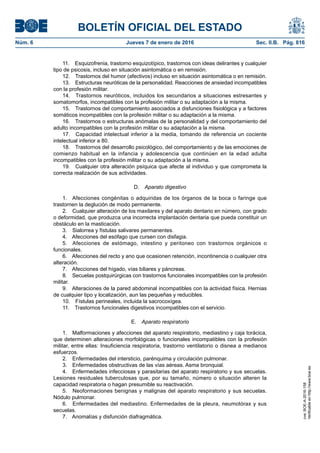 BOLETÍN OFICIAL DEL ESTADO
Núm. 6	 Jueves 7 de enero de 2016	 Sec. II.B. Pág. 816
11.  Esquizofrenia, trastorno esquizotípico, trastornos con ideas delirantes y cualquier
tipo de psicosis, incluso en situación asintomática o en remisión.
12.  Trastornos del humor (afectivos) incluso en situación asintomática o en remisión.
13.  Estructuras neuróticas de la personalidad. Reacciones de ansiedad incompatibles
con la profesión militar.
14.  Trastornos neuróticos, incluidos los secundarios a situaciones estresantes y
somatomorfos, incompatibles con la profesión militar o su adaptación a la misma.
15.  Trastornos del comportamiento asociados a disfunciones fisiológica y a factores
somáticos incompatibles con la profesión militar o su adaptación a la misma.
16.  Trastornos o estructuras anómalas de la personalidad y del comportamiento del
adulto incompatibles con la profesión militar o su adaptación a la misma.
17.  Capacidad intelectual inferior a la media, tomando de referencia un cociente
intelectual inferior a 80.
18.  Trastornos del desarrollo psicológico, del comportamiento y de las emociones de
comienzo habitual en la infancia y adolescencia que continúen en la edad adulta
incompatibles con la profesión militar o su adaptación a la misma.
19.  Cualquier otra alteración psíquica que afecte al individuo y que comprometa la
correcta realización de sus actividades.
D.  Aparato digestivo
1.  Afecciones congénitas o adquiridas de los órganos de la boca o faringe que
trastornen la deglución de modo permanente.
2.  Cualquier alteración de los maxilares y del aparato dentario en número, con grado
o deformidad, que produzca una incorrecta implantación dentaria que pueda constituir un
obstáculo en la masticación.
3.  Sialorrea y fístulas salivares permanentes.
4.  Afecciones del esófago que cursen con disfagia.
5.  Afecciones de estómago, intestino y peritoneo con trastornos orgánicos o
funcionales.
6.  Afecciones del recto y ano que ocasionen retención, incontinencia o cualquier otra
alteración.
7.  Afecciones del hígado, vías biliares y páncreas.
8.  Secuelas postquirúrgicas con trastornos funcionales incompatibles con la profesión
militar.
9.  Alteraciones de la pared abdominal incompatibles con la actividad física. Hernias
de cualquier tipo y localización, aun las pequeñas y reducibles.
10.  Fístulas perineales, incluida la sacrocoxígea.
11.  Trastornos funcionales digestivos incompatibles con el servicio.
E.  Aparato respiratorio
1.  Malformaciones y afecciones del aparato respiratorio, mediastino y caja torácica,
que determinen alteraciones morfológicas o funcionales incompatibles con la profesión
militar, entre ellas: Insuficiencia respiratoria, trastorno ventilatorio o disnea a medianos
esfuerzos.
2.  Enfermedades del intersticio, parénquima y circulación pulmonar.
3.  Enfermedades obstructivas de las vías aéreas. Asma bronquial.
4.  Enfermedades infecciosas y parasitarias del aparato respiratorio y sus secuelas.
Lesiones residuales tuberculosas que, por su tamaño, número o situación alteren la
capacidad respiratoria o hagan presumible su reactivación.
5.  Neoformaciones benignas y malignas del aparato respiratorio y sus secuelas.
Nódulo pulmonar.
6.  Enfermedades del mediastino. Enfermedades de la pleura, neumotórax y sus
secuelas.
7.  Anomalías y disfunción diafragmática.
cve:BOE-A-2016-158
Verificableenhttp://www.boe.es
 