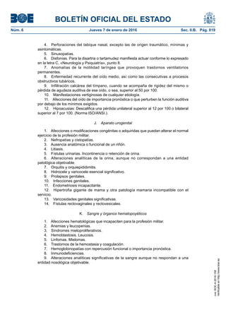 BOLETÍN OFICIAL DEL ESTADO
Núm. 6	 Jueves 7 de enero de 2016	 Sec. II.B. Pág. 819
4.  Perforaciones del tabique nasal, excepto las de origen traumático, mínimas y
asintomáticas.
5. Sinusopatías.
6.  Disfonías. Para la disartria o tartamudez manifiesta actuar conforme lo expresado
en la letra C, «Neurología y Psiquiatría», punto 8.
7.  Anomalías de la motilidad laríngea que provoquen trastornos ventilatorios
permanentes.
8.  Enfermedad recurrente del oído medio, así como las consecutivas a procesos
obstructivos tubáricos.
9.  Infiltración calcárea del tímpano, cuando se acompaña de rigidez del mismo o
pérdida de agudeza auditiva de ese oído, o sea, superior al 50 por 100.
10.  Manifestaciones vertiginosas de cualquier etiología.
11.  Afecciones del oído de importancia pronóstica o que perturben la función auditiva
por debajo de los mínimos exigidos.
12.  Hipoacusias: Descalifica una pérdida unilateral superior al 12 por 100 o bilateral
superior al 7 por 100. (Norma ISO/ANSI.).
J.  Aparato urogenital
1.  Afecciones o modificaciones congénitas o adquiridas que puedan alterar el normal
ejercicio de la profesión militar.
2.  Nefropatías y cistopatías.
3.  Ausencia anatómica o funcional de un riñón.
4. Litiasis.
5.  Fístulas urinarias. Incontinencia o retención de orina.
6.  Alteraciones analíticas de la orina, aunque no correspondan a una entidad
patológica objetivable.
7.  Orquitis y orquiepididimitis.
8.  Hidrocele y varicocele esencial significativo.
9.  Prolapsos genitales.
10.  Infecciones genitales.
11.  Endometriosis incapacitante.
12.  Hipertrofia gigante de mama y otra patología mamaria incompatible con el
servicio.
13.  Varicosidades genitales significativas.
14.  Fístulas rectovaginales y rectovesicales.
K.  Sangre y órganos hematopoyéticos
1.  Afecciones hematológicas que incapaciten para la profesión militar.
2.  Anemias y leucopenias.
3.  Síndromes mieloproliferativos.
4.  Hemoblastosis. Leucosis.
5.  Linfomas. Mielomas.
6.  Trastornos de la hemostasia y coagulación.
7.  Hemoglobinopatías con repercusión funcional o importancia pronóstica.
8. Inmunodeficiencias.
9.  Alteraciones analíticas significativas de la sangre aunque no respondan a una
entidad nosológica objetivable.
cve:BOE-A-2016-158
Verificableenhttp://www.boe.es
 