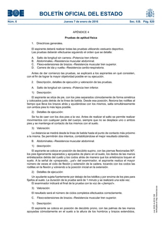 BOLETÍN OFICIAL DEL ESTADO
Núm. 6	 Jueves 7 de enero de 2016	 Sec. II.B. Pág. 820
APÉNDICE 4
Pruebas de aptitud física
1.  Directrices generales.
El aspirante deberá realizar todas las pruebas utilizando vestuario deportivo.
Las pruebas deberán efectuarse siguiendo el orden que se detalla:
A.  Salto de longitud sin carrera.–Potencia tren inferior.
B.  Abdominales.–Resistencia muscular abdominal.
C.  Flexo-extensiones de brazos.–Resistencia muscular tren superior.
D.  Carrera de ida y vuelta.–Resistencia cardio-respiratoria.
Antes de dar comienzo las pruebas, se explicará a los aspirantes en qué consisten,
con el fin de lograr la mayor objetividad posible en su ejecución.
2.  Descripción, detalles de ejecución y valoración de las pruebas.
A.  Salto de longitud sin carrera.–Potencia tren inferior.
1) Descripción:
El aspirante se sitúa de pie, con los pies separados cómodamente de forma simétrica
y colocados justo detrás de la línea de batida. Desde esa posición, flexiona las rodillas al
tiempo que lleva los brazos atrás y ayudándose con los mismos, salta simultáneamente
con ambos pies lo más lejos posible.
2)  Detalles de ejecución:
Se ha de caer con los dos pies a la vez. Antes de realizar el salto se permite realizar
movimientos con cualquier parte del cuerpo, siempre que no se desplace uno o ambos
pies y se mantenga el contacto de los mismos con el suelo.
3) Valoración:
La distancia se medirá desde la línea de batida hasta el punto de contacto más próximo
a la misma. Se permitirán dos intentos, contabilizándose el mejor resultado obtenido.
B.  Abdominales.–Resistencia muscular abdominal.
1) descripción:
El aspirante se coloca en posición de decúbito supino, con las piernas flexionadas 90º,
los pies ligeramente separados y apoyados de plano en el suelo, los dedos de las manos
entrelazados detrás del cuello y los codos atrás de manera que los antebrazos toquen el
suelo. A la señal de «preparado...¡ya!» del examinador, el aspirante realiza el mayor
número de veces el ciclo de flexión y extensión de la cadera, tocando con los codos las
rodillas en la flexión y volviendo a la posición inicial en la extensión.
2)  Detalles de ejecución:
Un ayudante sujeta fuertemente por debajo de los tobillos y por encima de los pies para
fijarlos al suelo. La duración de la prueba será de 1 minuto y se realizará una sola vez.
El examinador indicará el final de la prueba con la voz de «¡tiempo!».
3) Valoración:
El resultado será el número de ciclos completos efectuados correctamente.
C.  Flexo-extensiones de brazos.–Resistencia muscular tren superior.
1) Descripción:
El aspirante se coloca en posición de decúbito prono, con las palmas de las manos
apoyadas cómodamente en el suelo a la altura de los hombros y brazos extendidos,
cve:BOE-A-2016-158
Verificableenhttp://www.boe.es
 