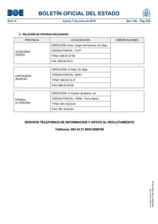 BOLETÍN OFICIAL DEL ESTADO
Núm. 6	 Jueves 7 de enero de 2016	 Sec. II.B. Pág. 830
2. RELACIÓN DE OFICINAS DELEGADAS.
PROVINCIA LOCALIZACIÓN OBSERVACIONES
ALGECIRAS
(CÁDIZ)
DIRECCIÓN: Avda. Virgen del Carmen, 65, Bajo
CÓDIGO POSTAL: 11271
TFNO: 956.63.37.86
FAX: 956.58.76.61
CARTAGENA
(MURCIA)
DIRECCIÓN: C/ Real, 20, Bajo
CÓDIGO POSTAL: 30201
TFNO: 968.52.35.27
FAX: 968.52.48.08
FERROL
(A CORUÑA)
DIRECCIÓN: C/ Cantón de Molins, s/n
CÓDIGO POSTAL: 15490.- Ferrol Naval
TFNO. 981.33.63.63
FAX: 981.30.00.84
SERVICIO TELEFONICO DE INFORMACION Y APOYO AL RECLUTAMIENTO
Teléfonos: 902 43 21 00/913089798
cve:BOE-A-2016-158
Verificableenhttp://www.boe.es
 