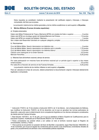BOLETÍN OFICIAL DEL ESTADO
Núm. 6	 Jueves 7 de enero de 2016	 Sec. II.B. Pág. 834
Estos requisitos se acreditarán mediante la presentación del certificado original y fotocopia, o fotocopia
compulsada, del título que se posea.
La puntuación máxima de los méritos generales y de los méritos académicos no será superior a 36 puntos.
3. Méritos Militares (Fuerzas Armadas españolas):
a) Empleos alcanzados:
Haber sido Militar Profesional de Tropa y Marinería (MTM) con empleo de Cabo o superior....................2 puntos
Haber sido MTM con el antiguo grado de Soldado/Marinero de Primera................................................1,5 puntos
Haber sido MTM con empleo de Soldado / Marinero............................................................................. ….1 puntos
Ser o haber sido Reservista Voluntario en cualquier categoría y empleo .............................................0,25 puntos
b) Recompensas:
Cruz del Mérito Militar, Naval o Aeronáutico con distintivo rojo ..................................................................2 puntos
Cruz del Mérito Militar, Naval o Aeronáutico con distintivo azul o amarillo............................................1,75 puntos
Cruz del Mérito Militar, Naval o Aeronáutico con distintivo blanco ..........................................................1,5 puntos
Citación como distinguido en la Orden General.......................................................................................0,5 puntos
Mención Honorífica.................................................................................................................................0,25 puntos
c) Misiones fuera del territorio nacional y tiempo de servicio:
Por cada participación en misiones fuera del territorio nacional por un período igual o superior a dos meses
ininterrumpidos .........................................................................................................................................0,5 puntos
Por cada año (o fracción) de servicio en las Fuerzas Armadas.............................................................0,25 puntos
La puntuación máxima de los méritos militares no será superior a 4 puntos.
Para ser valorada en la fase de concurso, deberá presentarse la documentación original o fotocopia debidamente
legalizada o compulsada.
1
Instrucción 77/2012, de 15 de octubre e Instrucción 9/2013, de 12 de febrero, de la Subsecretaria de Defensa,
que modifican la Instrucción 75/2010, de 20 de diciembre, por la que se aprueban las normas particulares de
desarrollo y ejecución para la determinación de la competencia lingüística en los idiomas extranjeros considerados
de interés para las Fuerzas Armadas.
2
Real Decreto 1027/2011, de 15 de julio, por el que se establece el Marco Español de Cualificaciones para la
Educación Superior, modificado por el Real Decreto 96/2014, de 14 de febrero.
3
Títulos universitarios de carácter oficial y con validez en todo el territorio nacional según el Registro de
Universidades, Centros y Títulos.
4
Para quienes se encuentren en posesión del título de Bachiller o equivalente, según Real Decreto 1892/2008, de
14 de noviembre, por el que se regulan las condiciones para el acceso a las enseñanzas universitarias oficiales de
grado y los procedimientos de admisión a las universidades públicas españolas.
cve:BOE-A-2016-158
Verificableenhttp://www.boe.es
 