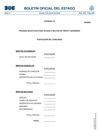 BOLETÍN OFICIAL DEL ESTADO
Núm. 6	 Jueves 7 de enero de 2016	 Sec. II.B. Pág. 840
APÉNDICE 12
REVERSO
PRUEBAS SELECTIVAS PARA ACCESO A MILITAR DE TROPA Y MARINERÍA
PUNTUACIÓN DEL CONCURSO
MÉRITOS ACADÉMICOS
PUNTUACIÓN
NIVEL DE ESTUDIOS: ____________
MÉRITOS GENERALES
PUNTUACIÓN
PERMISO DE CONDUCIR: ____________
IDIOMA: ____________
DEPORTISTA DE ALTO NIVEL: ____________
TOTAL PARCIAL: ____________
MÉRITOS MILITARES
PUNTUACIÓN
EMPLEO: ____________
TIEMPO DE SERVICIO: ____________
RESERVISTA VOLUNTARIO: ____________
MISIONES: ____________
RECOMPENSAS: ____________
TOTAL PARCIAL: ____________
TOTAL: ____________
cve:BOE-A-2016-158
Verificableenhttp://www.boe.es
 