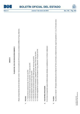 BOLETÍN OFICIAL DEL ESTADO
Núm. 6	 Jueves 7 de enero de 2016	 Sec. II.B. Pág. 842
ANEXOII
PLAZASDELCICLODESELECCIÓNNÚMERO1
PlazascorrespondientesalCiclodeSelecciónnúmero1delaconvocatoriade2016deaccesoalacondicióndeMilitardeTropayMarinería.
1.FECHAS.
1.1.Fechalímitedesolicituddecitas:27deenerode2016.
1.2.Fechadelimitacióndelnúmerodeaspirantes:11demarzode2016.
1.3.Fechadeasignacióndeplazas:06demayode2016.
1.4.Fechadecomienzodelafasedeformaciónmilitargeneral:16demayode2016.
1.5.Fechadefindeperiododeorientaciónyadaptaciónalavidamilitar:30demayode2016.
1.6.FechadeantigüedaddeincorporaciónalasEscalasdeTropayMarinería:15dejuliode2016.
2.FACTORMULTIPLICADOR.
Sielnúmerodeaspirantessuperaeldobledeplazasofertadas,seestableceráen4elfactormultiplicador.
3.PLAZAS.
Sepublicauntotalde1.500plazasdistribuidasentreelEjércitodeTierra,laArmadayelEjércitodelAire,segúnlosapartados3.1,3.2y3.3deesteanexo.
cve:BOE-A-2016-158
Verificableenhttp://www.boe.es
 