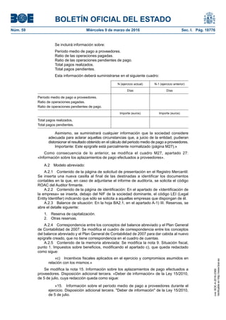 BOLETÍN OFICIAL DEL ESTADO
Núm. 59	 Miércoles 9 de marzo de 2016	 Sec. I. Pág. 18776
Se incluirá información sobre:
Período medio de pago a proveedores.
Ratio de las operaciones pagadas.
Ratio de las operaciones pendientes de pago.
Total pagos realizados.
Total pagos pendientes.
Esta información deberá suministrarse en el siguiente cuadro:
N (ejercicio actual) N-1 (ejercicio anterior)
Días Días
Período medio de pago a proveedores.
Ratio de operaciones pagadas.
Ratio de operaciones pendientes de pago.
Importe (euros) Importe (euros)
Total pagos realizados.
Total pagos pendientes.
Asimismo, se suministrará cualquier información que la sociedad considere
adecuada para aclarar aquellas circunstancias que, a juicio de la entidad, pudieran
distorsionar el resultado obtenido en el cálculo del periodo medio de pago a proveedores.
Importante: Este epígrafe está parcialmente normalizado (página M27).»
Como consecuencia de lo anterior, se modifica el cuadro M27, apartado 27:
«Información sobre los aplazamientos de pago efectuados a proveedores».
A.2  Modelo abreviado:
A.2.1  Contenido de la página de solicitud de presentación en el Registro Mercantil:
Se inserta una nueva casilla al final de las destinadas a identificar los documentos
contables en la que, en caso de adjuntarse el informe de auditoría, se solicita el código
ROAC del Auditor firmante.
A.2.2  Contenido de la página de identificación: En el apartado de «Identificación de
la empresa» se inserta, debajo del NIF de la sociedad dominante, el código LEI (Legal
Entity Identifier) indicando que sólo se solicita a aquellas empresas que dispongan de él.
A.2.3  Balance de situación: En la hoja BA2.1, en el apartado A-1) III. Reservas, se
abre el detalle siguiente:
1.  Reserva de capitalización.
2.  Otras reservas.
A.2.4  Correspondencia entre los conceptos del balance abreviado y el Plan General
de Contabilidad de 2007: Se modifica el cuadro de correspondencia entre los conceptos
del balance abreviado y el Plan General de Contabilidad de 2007 para dar cabida al nuevo
epígrafe creado, que no tiene correspondencia en el cuadro de cuentas.
A.2.5  Contenido de la memoria abreviada: Se modifica la nota 9. Situación fiscal,
punto 1. Impuestos sobre beneficios, modificando el apartado c), que queda redactado
como sigue:
«c)  Incentivos fiscales aplicados en el ejercicio y compromisos asumidos en
relación con los mismos.»
Se modifica la nota 15. Información sobre los aplazamientos de pago efectuados a
proveedores. Disposición adicional tercera. «Deber de información» de la Ley 15/2010,
de 5 de julio, cuya redacción queda como sigue:
«15.  Información sobre el período medio de pago a proveedores durante el
ejercicio. Disposición adicional tercera. "Deber de información" de la Ley 15/2010,
de 5 de julio.
cve:BOE-A-2016-2369
Verificableenhttp://www.boe.es
 