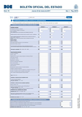 BOLETÍN OFICIAL DEL ESTADO
Núm. 70	 Jueves 23 de marzo de 2017	 Sec. I. Pág. 20374
Primer
declarante
Apellidos y nombreNIF
Ejercicio
2016 Página 5
Suma de rendimientos netos reducidos (suma de las casillas [123] ) ............................................................................................................................................................
•	 Rendimiento neto reducido total de las actividades económicas en estimación directa
Reducción por el ejercicio de determinadas actividades económicas (artículo 32.2.1º de la Ley del Impuesto) ........................................................................................
Rendimiento neto reducido total ( [126] – [127] – [128] – [129] ) .............................................................................................................................................................
Reducción por inicio de una actividad económica (artículo 32.3 de la Ley del Impuesto) ........................................................................................................................
126
127
129
130
Reducción por el ejercicio de determinadas actividades económicas (artículo 32.2.3º de la Ley del Impuesto) ........................................................................................ 128
Si el número de actividades económicas previsto en esta hoja resulta insuficiente, indique el número de hojas adicionales que se adjuntan ...........................................
Rendimientos de actividades económicas en estimación directaE1
•	 Actividades económicas realizadas y rendimientos obtenidos
Contribuyente que realiza la/s actividad/es .........................................................................
Grupo o epígrafe IAE .........................................................................................................
(de la actividad principal en caso de realizar varias actividades del mismo tipo)
Tipo de actividad/es realizada/s: clave indicativa .................................................................
Si para la imputación temporal de los rendimientos opta por la aplicación del criterio de
cobros y pagos, consigne una "X" ......................................................................................
Modalidad aplicable del método de estimación directa (consigne N: normal, S: simplificada) ...
Ingresos de explotación .....................................................................................................
Otros ingresos (incluidas subvenciones y otras transferencias) .............................................
Autoconsumo de bienes y servicios ....................................................................................
Atención: la opción se referirá necesariamente a todas las actividades del mismo titular.
Total ingresos computables ( [095] + [096] + [097] + [098] ) ..........................................
Actividades realizadas
Ingresos íntegros
Actividad 1.ª
Rendimiento neto ( [099] - [117] ó [099] - [120] ) ...................................................................
Rendimiento neto reducido ( [121] - [122] ) ...................................................................
Consumos de explotación ..................................................................................................
Sueldos y salarios .............................................................................................................
Seguridad Social a cargo de la empresa (incluidas las cotizaciones del titular) .......................
Otros gastos de personal ...................................................................................................
Arrendamientos y cánones .................................................................................................
Reparaciones y conservación .............................................................................................
Servicios de profesionales independientes ..........................................................................
Otros servicios exteriores ..................................................................................................
Tributos fiscalmente deducibles ..........................................................................................
Gastos financieros .............................................................................................................
Amortizaciones: dotaciones del ejercicio fiscalmente deducibles ...........................................
Otros conceptos fiscalmente deducibles (excepto provisiones) .............................................
Incentivos al mecenazgo. Convenios de colaboración en actividades de interés general .........
Incentivos al mecenazgo. Gastos en actividades de interés general ......................................
Provisiones fiscalmente deducibles .....................................................................................
Total gastos deducibles ( [115] + [116] ) .........................................................................
Diferencia ( [099] - [115] ) ...........................................................................................................
Conjunto de provisiones deducibles y gastos de difícil justificación* ......................................
Total gastos deducibles ( [115] + [119] ) .........................................................................
Gastos fiscalmente deducibles
Rendimiento neto y rendimiento neto reducido
Actividades en estimación directa (modalidad normal):
Actividades en estimación directa (modalidad simplificada):
Reducciones de rendimientos generados en más de 2 años u obtenidos de forma
notoriamente irregular (artículo 32.1 y D.T. 25.ª de la Ley del Impuesto) ...............................
Suma ( [100] a [114] ) ................................................................................................................
Pérdidas por insolvencias de deudores ................................................................................
Transmisión elementos patrimoniales que hayan gozado libertad amortización:
exceso amortización deducida respecto amortización deducible (DA trigésima Ley Impuesto) .....
090
095
096
097
098
099
115
118
119
120
121
122
123
100
101
102
103
104
105
106
107
108
109
110
111
112
113
114
116
117
Actividad 2.ª
090
095
096
097
098
099
115
118
119
120
121
122
123
100
101
102
103
104
105
106
107
108
109
110
111
112
113
114
116
117
Actividad 3.ª
090
095
096
097
098
099
115
118
119
120
121
122
123
100
101
102
103
104
105
106
107
108
109
110
111
112
113
114
116
117
093 093 093
094 094 094
091091091
092 092 092
(*) Téngase en cuenta el límite establecido en el artículo 30.2.ª del Reglamento del Impuesto.
cve:BOE-A-2017-3080
Verificableenhttp://www.boe.es
 