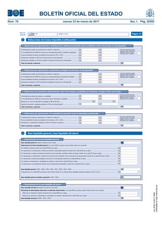 BOLETÍN OFICIAL DEL ESTADO
Núm. 70	 Jueves 23 de marzo de 2017	 Sec. I. Pág. 20382
Primer
declarante
Apellidos y nombreNIF
Ejercicio
2016 Página 13
Reducciones de la base imponible general (si la casilla [392] es positiva y hasta el límite máximo de su importe):
•	 Determinación de la base liquidable general
Base imponible general (traslade el importe de esta casilla) ....................................................................................................................................................................
Por tributación conjunta. Importe de la casilla [409] que se aplica ..........................................................................................................................................................
Por aportaciones y contribuciones a sistemas de previsión social (régimen general). Importe de la casilla [416] que se aplica ..................................................................
Por aportaciones a sistemas de previsión social de los que es partícipe, mutualista o titular el cónyuge. Importe de la casilla [417] que se aplica ......................................
Por aportaciones y contribuciones a sistemas de previsión social constituidos a favor de personas con discapacidad. Importe de la casilla [423] que se aplica ..................
Por aportaciones a patrimonios protegidos de personas con discapacidad. Importe de la casilla [428] que se aplica ..............................................................................
Por pensiones compensatorias y anualidades por alimentos. Importe de la casilla [433] que se aplica .....................................................................................................
Por aportaciones a la mutualidad de previsión social de deportistas profesionales. Importe de la casilla [437] que se aplica .....................................................................
Base liquidable general ( [392] – [438] – [439] – [440] – [441] – [442] – [443] – [444] ) ...........................................................................................................................
Compensación (si la casilla [445] es positiva y hasta el límite máximo de su importe): Bases liquidables generales negativas de 2012 a 2015 ..........................................
Base liquidable general sometida a gravamen ( [445] – [446] ) ............................................................................................................................................................
392
438
439
440
441
442
443
444
445
446
450
•	 Determinación de la base liquidable del ahorro
Base imponible del ahorro (traslade el importe de esta casilla) ................................................................................................................................................................
Reducción por tributación conjunta. Remanente de la casilla [409] que se aplica ................................................................................................................................
Reducción por pensiones compensatorias y anualidades por alimentos. Remanente de la casilla [433] que se aplica ............................................................................
Remanente de determinadas reducciones no aplicadas anteriormente (si la casilla [405] es positiva y hasta el límite máximo de su importe):
Base liquidable del ahorro ( [405] – [451] – [452] ) .................................................................................................................................................................................
405
455
451
452
•	 Reducciones por pensiones compensatorias a favor del cónyuge y anualidades por alimentos, excepto en favor de los hijos
Importe de la pensión o anualidad satisfecha en 2016 por decisión judicial ......................................
Total con derecho a reducción .........................................................................................................................................................................................................
Contribuyente que abona las pensiones o anualidades ...................................................................
N.º de identificación fiscal (NIF) de la persona que recibe cada pensión o anualidad...........................
Si las dos columnas de este
apartado fuesen insuficientes,
indique el número de hojas
adicionales que se adjuntan ...
Marque una "X" si en la casilla [430] ha consignado un NIF de otro País.......
433
430 430
429
432
429
432
•	 Reducciones por aportaciones y contribuciones a sistemas de previsión social constituidos a favor de personas con discapacidad
Excesos pendientes de reducir procedentes de los ejercicios 2011 a 2015 ....................................
Aportaciones realizadas en 2016 por la propia persona con discapacidad........................................
Total con derecho a reducción ..............................................................................................................................................................................................................
Contribuyente que realiza las aportaciones con derecho a reducción ...............................................
Aportaciones realizadas en 2016 por parientes o tutores de la persona con discapacidad.................
N.º de identificación fiscal (NIF) de la persona con discapacidad partícipe, mutualista o asegurada ....
423
418 418
419
420
422
421
419
420
422
421
Si las dos columnas de este
apartado fuesen insuficientes,
indique el número de hojas
adicionales que se adjuntan ...
•	 Reducciones por aportaciones a patrimonios protegidos de personas con discapacidad
Excesos pendientes de reducir procedentes de los ejercicios 2012 a 2015 ....................................
Aportaciones realizadas en 2016 al patrimonio protegido de la persona con discapacidad ...............
Total con derecho a reducción ..............................................................................................................................................................................................................
Contribuyente que realiza las aportaciones con derecho a reducción ...............................................
N.º de identificación fiscal (NIF) de la persona con discapacidad titular del patrimonio protegido .......
Si las dos columnas de este
apartado fuesen insuficientes,
indique el número de hojas
adicionales que se adjuntan ...
428
424
425
427
426
424
425
427
426
•	 Reducciones por aportaciones a la mutualidad de previsión social de deportistas profesionales
Total con derecho a reducción ..............................................................................................................................................................................................................
Contribuyente que realiza las aportaciones con derecho a reducción ...............................................
Aportaciones y contribuciones realizadas en 2016 con derecho a reducción ....................................
Excesos pendientes de reducir procedentes de los ejercicios 2011 a 2015 .....................................
Si las dos columnas de este
apartado fuesen insuficientes,
indique el número de hojas
adicionales que se adjuntan ...
437
434
436
435
434
436
435
Base liquidable general y base liquidable del ahorroJ
Reducciones de la base imponible (continuación)I
431431431431
cve:BOE-A-2017-3080
Verificableenhttp://www.boe.es
 
