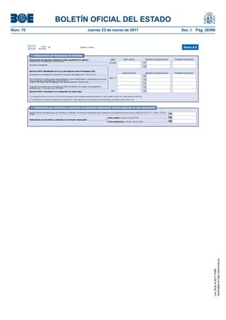 BOLETÍN OFICIAL DEL ESTADO
Núm. 70	 Jueves 23 de marzo de 2017	 Sec. I. Pág. 20390
Primer
declarante
Apellidos y nombreNIF
Ejercicio
2016 Anexo A.4
Parte estatal: el 50 por 100 de [734] ...................................................
Parte autonómica: el 50 por 100 de [734] ...........................................
Deducciones por incentivos y estímulos a la inversión empresarial ..................................
{
l Deducciones por incentivos y estímulos a la inversión empresarial: importe aplicado en esta declaración
Importe total de las deducciones por incentivos y estímulos a la inversión empresarial que se aplican en esta declaración (suma de las casillas [673] a [717] + [726] + [727] a
[733] )...................................................................................................................................................................................................................................................... 734
508
509
l Deducciones por inversiones en Canarias
Deducciones de ejercicios anteriores (saldos pendientes de aplicar).
Inversiones en la adquisición de activos fijos ...............................................................................
Restantes modalidades ...............................................................................................................
Ejercicio 2016. Modalidades de la Ley del Impuesto sobre Sociedades (LIS).
Actividades de investigación y desarrollo e innovación tecnológica (art.º 35 de la LIS) ....................
Ejercicio 2016. Inversiones en la adquisición de activos fijos ............................................
Saldo anterior Aplicado en esta declaración Pendiente de aplicación
Deducción 2016 Aplicado en esta declaración Pendiente de aplicación
(**) Cumpliéndose las condiciones establecidas en el artículo 39.1, último párrafo, de la Ley del Impuesto sobre Sociedades, este límite se eleva al 90 por 100.
}60% (**)
50/60%
50%
Límite
Creación de empleo para trabajadores con discapacidad (art.º 38 de la LIS) .................................
Por inversiones en producciones cinematográficas, series audiovisuales y espectáculos en vivo de
artes escénicas y musicales (art.º 36 de la LIS) (*) .....................................................................
Deducción por inversiones en territorios de África Occidental y por gastos de propaganda y
publicidad (art.º 27 bis de la Ley 19/1994) ...............................................................................
727
728
729
730
731
732
733
(*) La deducción prevista en el artículo 36.2 de la Ley del Impuesto sobre Sociedades queda excluida del límite a que se refiere el artículo 39.1, último párrafo de dicha Ley.
cve:BOE-A-2017-3080
Verificableenhttp://www.boe.es
 