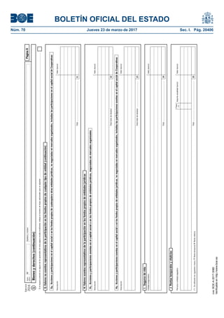 BOLETÍN OFICIAL DEL ESTADO
Núm. 70	 Jueves 23 de marzo de 2017	 Sec. I. Pág. 20406
Ejercicio
2016
Sujeto
pasivo
NIFApellidosynombrePágina6
Bienesyderechos(continuación)1
Sielespacioprevistoenalgunodelosapartadosdeestapáginaresultainsuficiente,indiqueelnúmerodehojasadicionalesqueseadjuntan.......................................................................................................................................................................................................................................
G.Valoresnoexentosrepresentativosdelaparticipaciónenlosfondospropiosdecualquiertipodeentidad(continuación)
G4.Accionesyparticipacionesenelcapitalsocialoenlosfondospropiosdecualesquieraotrasentidadesjurídicas,nonegociadasenmercadosorganizados,incluidaslasparticipacionesenelcapitalsocialdeCooperativas
Valor(euros)Descripción
11Total...........................................................................
H.Valoresexentosrepresentativosdelaparticipaciónenlosfondospropiosdeentidadesjurídicas
H1.Accionesyparticipacionesexentasenelcapitalsocialoenlosfondospropiosdeentidadesjurídicas,negociadasenmercadosorganizados
Valor(euros)Descripción
12Total(netodedeudas).................................................
H2.Accionesyparticipacionesexentasenelcapitalsocialoenlosfondospropiosdeentidadesjurídicas,nonegociadasenmercadosorganizados,incluidaslasparticipacionesexentasenelcapitalsocialdeCooperativas
Valor(euros)Descripción
13Total(netodedeudas).................................................
I.Segurosdevida
Valor(euros)Entidadaseguradora
14Total...........................................................................
J.Rentastemporalesyvitalicias
Valor(euros)Personaoentidadpagadora
15Total...........................................................................
Clave
(*)
Importeanualidad(euros)
(*)Seutilizaránlassiguientesclaves:T:Rentatemporal;V:Rentavitalicia.
cve:BOE-A-2017-3080
Verificableenhttp://www.boe.es
 