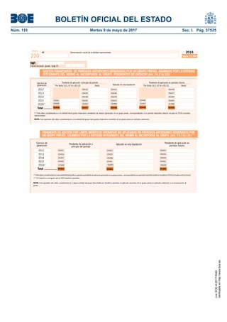BOLETÍN OFICIAL DEL ESTADO
Núm. 110	 Martes 9 de mayo de 2017	 Sec. I. Pág. 37525
NIF Denominación social de la entidad representante
Modelo
220
2016
Página 7O NIF2
NIF:
Fecha incorpor. grupo (pág 2):
GASTOS FINANCIEROS DE PERÍODOS ANTERIORES GENERADOS POR UN GRUPO PREVIO, ASUMIDOS POR LA ENTIDAD
INTEGRANTE DEL MISMO AL INCORPORSE AL GRUPO. PENDIENTES DE DEDUCIR (Art. 74.3 b) LIS)
Pendiente de aplicación en
períodos futuros
Pendiente de aplicación a
principio del período
Ejercicio de
generación Aplicado en esta liquidación
PENDIENTE DE ADICIÓN POR LÍMITE BENEFICIO OPERATIVO NO APLICADOS EN PERÍODOS ANTERIORES GENERADOS POR
UN GRUPO PREVIO, ASUMIDOS POR LA ENTIDAD INTEGRANTE DEL MISMO AL INCORPORSE AL GRUPO. (Art. 74.3 b) LIS) (**)
Total .................
2012
2013
2014
2015
2016(*)
05463 05464 05465
NOTA: Este apartado sólo debe cumplimentarse si alguna entidad del grupo tiene límite por beneﬁcio operativo no aplicado asumidos de un grupo previo en períodos anteriores a su incorporación al
grupo.
05452
05458
05455
05461
05451
05457
05454
05460
05453
05459
05456
05462
Pendiente de aplicación a principio del período
Por límite 16.5, 67 b) o 83 LIS Resto
Ejercicio de
generación Aplicado en esta liquidación
Pendiente de aplicación en períodos futuros
Por límite 16.5, 67 b) o 83 LIS Resto
Total ...........
2012
2013
2014
2015
2016(*)
xxx
xxx
xxx
xxx
xxx
xxx 05432
05435
05438
05442
05433
05436
05439
05443
05434
05437
05440
054450544405441
0545005449054480544705446
(*) Sólo debe cumplimentarse si la entidad tiene gastos ﬁnancieros pendientes de deducir generados en un grupo previo, correspondientes a un período impositivo anterior iniciado en 2016 (consultar
instrucciones).
(*)Sólodebecumplimentarsesilaentidadtienebeneﬁciooperativopendientedeadicionargeneradoenungrupoprevio,correspondienteaunperíodoimpositivoanterioriniciadoen2016(consultarinstrucciones).
(**) El importe a consignar será el 30% beneﬁcio operativo.
NOTA: Este apartado sólo debe cumplimentarse si la entidad del grupo tiene gastos ﬁnancieros asumidos de un grupo previo en períodos anteriores.
00496 00497 00498 01947 01948
01949 0050000499
cve:BOE-A-2017-5042
Verificableenhttp://www.boe.es
 