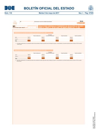 BOLETÍN OFICIAL DEL ESTADO
Núm. 110	 Martes 9 de mayo de 2017	 Sec. I. Pág. 37555
NIF Denominación social de la entidad representanteModelo
220
Fecha incorpor. grupo (pág 2):
Deducción por reversión de medidas temporales (DT 37ª.1 LIS)
Deducción por reversión de medidas temporales (DT 37ª.2 LIS)
Pendiente
Base de deducción al principio del período Importe aplicado Importe pendiente
Pendiente
Base de deducción al principio del período Importe aplicado Importe pendiente
APLICACIÓN AL INCORPO-
RARSE AL GRUPO O, EN SU CASO, UN GRUPO PREVIO (Art. 71 LIS)
(*) Sólo debe cumplimentarse si la entidad tiene deducciones pendientes de aplicar generadas antes de integrarse al grupo, correspondientes a un período impositivo anterior iniciado en 2016 (consultar
instrucciones)
(*) Sólo debe cumplimentarse si la entidad tiene deducciones pendientes de aplicar generadas antes de integrarse al grupo, correspondientes a un período impositivo anterior iniciado en 2016 (consultar
instrucciones)
2015 .........................................
Total ......................................
06211 06212 06213 06214
06215 06216 06217 06218
2016(*)...................................... 02472 02473 02474 02475
2015 .........................................
Total ......................................
06219 06220 06221 06222
06223 06224 06225 06226
2016(*)...................................... 02476 02477 02478 02479
cve:BOE-A-2017-5042
Verificableenhttp://www.boe.es
 