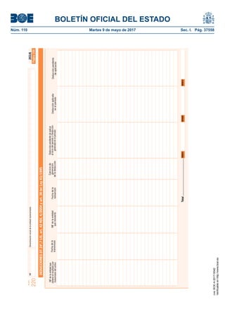 BOLETÍN OFICIAL DEL ESTADO
Núm. 110	 Martes 9 de mayo de 2017	 Sec. I. Pág. 37558NIFDenominaciónsocialdelaentidadrepresentante
Modelo
220
2016
Página15A
Fechadela
transmisión
Ejerciciode
generación
deladeducción
Deducciónpendientedeaplicar
aliniciodelperiodooDeducción
generadaenelperiodo
Deducciónaplicada
enelperiodo
Deducciónpendiente
deaplicación
DEDUCCIONESDT24ª.7LIS,art.42RDL4/2004yart.36terLey43/1995
NIFdelaentidad
quereinvierte
NIFdelaentidadque
obtieneelresultadopor
transmisióndelactivo
Total.................................................008410058500843
Fechadela
reinversión
cve:BOE-A-2017-5042
Verificableenhttp://www.boe.es
 