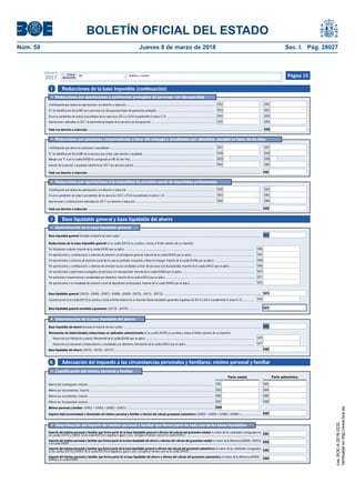 BOLETÍN OFICIAL DEL ESTADO
Núm. 59	 Jueves 8 de marzo de 2018	 Sec. I. Pág. 28027
Primer
declarante
Apellidos y nombreNIF
Ejercicio
2017 Página 15
Reducciones de la base imponible general (si la casilla [0415] es positiva y hasta el límite máximo de su importe):
• Determinación de la base liquidable general
Base imponible general (traslade el importe de esta casilla) ....................................................................................................................................................................................
Por tributación conjunta. Importe de la casilla [0436] que se aplica .....................................................................................................................................................................
Por aportaciones y contribuciones a sistemas de previsión social (régimen general). Importe de la casilla [0443] que se aplica ...............................................................................
Por aportaciones a sistemas de previsión social de los que es partícipe, mutualista o titular el cónyuge. Importe de la casilla [0444] que se aplica ...................................................
Por aportaciones y contribuciones a sistemas de previsión social constituidos a favor de personas con discapacidad. Importe de la casilla [0451] que se aplica ...............................
Por aportaciones a patrimonios protegidos de personas con discapacidad. Importe de la casilla [0456] que se aplica ............................................................................................
Por pensiones compensatorias y anualidades por alimentos. Importe de la casilla [0461] que se aplica .................................................................................................................
Por aportaciones a la mutualidad de previsión social de deportistas profesionales. Importe de la casilla [0465] que se aplica ..................................................................................
Base liquidable general ( [0415] – [0466] – [0467] – [0468] – [0469] – [0470] – [0471] – [0472]) ............................................................................................................................
Compensación (si la casilla [0473] es positiva y hasta el límite máximo de su importe): Bases liquidables generales negativas de 2013 a 2016 (cumplimente el anexo C.3)................
Base liquidable general sometida a gravamen ( [0473] – [0474] ) .......................................................................................................................................................................
0415
0466
0467
0468
0469
0470
0471
0472
0473
0474
0475
• Determinación de la base liquidable del ahorro
Base imponible del ahorro (traslade el importe de esta casilla) ...............................................................................................................................................................................
Reducción por tributación conjunta. Remanente de la casilla [0436] que se aplica ...........................................................................................................................................
Reducción por pensiones compensatorias y anualidades por alimentos. Remanente de la casilla [0461] que se aplica .......................................................................................
Remanente de determinadas reducciones no aplicadas anteriormente (si la casilla [0435] es positiva y hasta el límite máximo de su importe):
Base liquidable del ahorro ( [0435] – [0476] – [0477] ) ..........................................................................................................................................................................................
0435
0480
0476
0477
• Reducciones por pensiones compensatorias a favor del cónyuge y anualidades por alimentos, excepto en favor de los hijos
Total con derecho a reducción .............................................................................................................................................................................................................................
Importe de la pensión o anualidad satisfecha en 2017 por decisión judicial........................................................................................................
Contribuyente que abona las pensiones o anualidades .....................................................................................................................................
N.º de identificación fiscal (NIF) de la persona que recibe cada pensión o anualidad ............................................................................................
Marque una "X" si en la casilla [0458] ha consignado un NIF de otro País............................................................................................................
0461
• Reducciones por aportaciones a patrimonios protegidos de personas con discapacidad
Total con derecho a reducción ............................................................................................................................................................................................................................... 0456
0452
0453
0455
0454
• Reducciones por aportaciones a la mutualidad de previsión social de deportistas profesionales
Total con derecho a reducción ............................................................................................................................................................................................................................. 0465
0462
0464
0463
Base liquidable general y base liquidable del ahorroJ
Reducciones de la base imponible (continuación)I
Aportaciones realizadas en 2017 al patrimonio protegido de la persona con discapacidad .................................................................................
Contribuyente que realiza las aportaciones con derecho a reducción ................................................................................................................
N.º de identificación fiscal (NIF) de la persona con discapacidad titular del patrimonio protegido .........................................................................
Excesos pendientes de reducir procedentes de los ejercicios 2013 a 2016 (cumplimente el anexo C.2) .............................................................
Contribuyente que realiza las aportaciones con derecho a reducción ................................................................................................................
Aportaciones y contribuciones realizadas en 2017 con derecho a reducción......................................................................................................
Excesos pendientes de reducir procedentes de los ejercicios 2012 a 2016 (cumplimente el anexo C.3) .................................................................
Importe del mínimo personal y familiar que forma parte de la base liquidable del ahorro a efectos del cálculo del gravamen autonómico: la menor de la diferencia ([0490] –
[0493]) y la casilla [0480] ........................................................................................................................................................................................................................................
• Determinación del importe del mínimo personal y familiar que forma parte de cada una de las bases liquidables
Importe del mínimo personal y familiar que forma parte de la base liquidable general a efectos del cálculo del gravamen autonómico: la menor de las cantidades consignadas
en las casillas [0475] y [0490]. (Si la casilla [0475] es negativa o igual a cero, consigne el número cero en la casilla [0493] ) ..........................................................................................
0494
0493
0492
0491
• Cuantificación del mínimo personal y familiar
Mínimo del contribuyente. Importe.................................................................................................................................................................
Mínimo por descendientes. Importe...............................................................................................................................................................
Mínimo por discapacidad. Importe.................................................................................................................................................................
Mínimo por ascendientes. Importe.................................................................................................................................................................
Importe total incrementado o disminuido del mínimo personal y familiar a efectos del cálculo gravamen autonómico ( [0482] + [0484] + [0486] + [0488] ) ..........................
Mínimo personal y familiar ( [0481] + [0483] + [0485] + [0487] ) ..............................................................................................................
0490
0488
0486
0484
0482
0487
0485
0483
0481
0489
Adecuación del impuesto a las circunstancias personales y familiares: mínimo personal y familiarK
Importe del mínimo personal y familiar que forma parte de la base liquidable general a efectos del cálculo del gravamen estatal: la menor de las cantidades consignadas en
las casillas [0475] y [0489]. (Si la casilla [0475] es negativa o igual a cero, consigne el número cero en la casilla [0491] ) ..............................................................................................
Importe del mínimo personal y familiar que forma parte de la base liquidable del ahorro a efectos del cálculo del gravamen estatal: la menor de la diferencia ([0489] – [0491])
y la casilla [0480] ....................................................................................................................................................................................................................................................
0452
0453
0455
0454
0458
0457
0460
0459
0458
0457
0460
0459
0462
0464
0463
Parte autonómicaParte estatal
cve:BOE-A-2018-3232
Verificableenhttp://www.boe.es
 