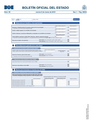 BOLETÍN OFICIAL DEL ESTADO
Núm. 59	 Jueves 8 de marzo de 2018	 Sec. I. Pág. 28032
Primer
declarante
Apellidos y nombreNIF
Ejercicio
2017 Anexo A.2
Otras deducciones generales de la cuota íntegra
• Deducción por inversiones o gastos de interés cultural
(*) Límite máximo: el 10 por 100 de la suma de las casillas [0473] y [0480]
Inversiones y gastos para la protección y difusión del Patrimonio Histórico Español y de las
ciudades, conjuntos y bienes situados en España declarados Patrimonio Mundial por la UNESCO .
{
0519
0520
Deducción por rentas obtenidas en Ceuta o Melilla ............................................
• Deducción por rentas obtenidas en Ceuta o Melilla
Importe total de la deducción por razón de las rentas obtenidas en Ceuta o en Melilla ................................................................................................................................................
Parte estatal: el 50 por 100 de [0675] ..........................................................................
Parte autonómica: el 50 por 100 de [0675] ..................................................................
Parte estatal: el 50 por 100 de [0676] ..........................................................................
Parte autonómica: el 50 por 100 de [0676] ..................................................................{
0676
0529
0530
Reserva para Inversiones en Canarias (Ley 19/1994)
• Dotaciones, materializaciones e inversiones anticipadas
Inversiones efectuadas en 2017 según el art.º 27.4 de la Ley 19/1994
ReservaparaInversionesenCanariasdelosejercicios2014,2015,2016y2017
e inversiones anticipadas de futuras dotaciones a la RIC efectuadas en 2017
Reserva para Inversiones en Canarias 2014 ..........................
Reserva para Inversiones en Canarias 2015 ..........................
Reserva para Inversiones en Canarias 2016 ..........................
Reserva para Inversiones en Canarias 2017 ..........................
Inversiones anticipadas de futuras dotaciones a la RIC, efectuadas en 2017 ........................................
Pendiente de materializar
0683
0687
0691
Inversiones previstas en las letras
A, B, B.bis y D (1.º) del art.º 27.4
0678
0681
0685
0689
0692
0679
0682
0686
0690
0693
Inversiones previstas en las letras
C y D (2.º a 6.º) del art.º 27.4
0677
0680
0684
0688
Importe de las dotaciones
Deducción por inversiones y gastos de interés cultural ......................................
Deducciones por donativos y otras aportaciones
(*) Límite máximo: el 15 por 100 de la suma de las casillas [0473] y [0480].
(**) Límite máximo: la suma de los importes consignados en H + J + M no puede exceder del 10 por 100 de la suma de las casillas [0473] y [0480] menos el importe consignado en la casilla G.
Importe con derecho a deducción (**) Importe de la deducción
Importe con derecho a deducción (*) Importe de la deducción
Importe de la deducción
Donativos a entidades reguladas en la Ley 49/2002, de 23 de diciembre ................................................................................
Aportaciones a actividades prioritarias de mecenazgo con límite del 15% de la base liquidable ................................................
Donativos a fundaciones y asociaciones de utilidad pública no comprendidas en la Ley 49/2002, de 23 de diciembre ..............
Cuotas de afiliación y aportaciones a partidos políticos, federaciones, coaliciones o agrupaciones electorales .........................
Importe con derecho a deducción
(límite máximo: 600 euros) (**) Importe de la deducción
Deducciones por donativos y otras aportaciones ................................................
Parte estatal: el 50 por 100 de ([0671] + [0672] + [0673] + [0674]) ...............................
Parte autonómica: el 50 por 1100 de ([0671] + [0672] + [0673] + [0674]) ....................{
0671
0672
0673
0674
0521
0522
G
H
J
M
Importe con derecho a deducción (**)
Porcentaje de deducción
15 por 100
Importe con derecho a deducción (*)
I
Importe de la deducción
0675
cve:BOE-A-2018-3232
Verificableenhttp://www.boe.es
 