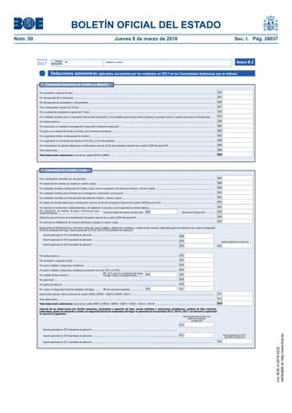 BOLETÍN OFICIAL DEL ESTADO
Núm. 59	 Jueves 8 de marzo de 2018	 Sec. I. Pág. 28037
Deducciones autonómicas (aplicables únicamente por los residentes en 2017 en las Comunidades Autónomas que se indican)
Primer
declarante
Apellidos y nombreNIF
Ejercicio
2017 Anexo B.3
• Comunidad Autónoma de Castilla-La Mancha
0874
0875
0876
0877
0878
0879
0880
0881
0882
0883
0884
0886
0534
Por nacimiento o adopción de hijos ........................................................................................................................................................................................................................
Por discapacidad del contribuyente ........................................................................................................................................................................................................................
Por discapacidad de ascendientes o descendientes ................................................................................................................................................................................................
Para contribuyentes mayores de 75 años ...............................................................................................................................................................................................................
Por cantidades donadas para la Cooperación Internacional al desarrollo y a las entidades para la lucha contra la pobreza, la exclusión social y la ayuda a personas con discapacidad. ......
Por el cuidado de ascendientes mayores de 75 años ...............................................................................................................................................................................................
Por familia numerosa ............................................................................................................................................................................................................................................
Por donaciones con finalidad en investigación y desarrollo e innovación empresarial ..................................................................................................................................................
Por gastos en la adquisición de libros de texto y en la enseñanza de idiomas..............................................................................................................................................................
Por acogimiento familiar no remunerado de menores ...............................................................................................................................................................................................
Por acogimiento no remunerado de mayores de 65 años y/o con discapacidad .........................................................................................................................................................
Total deducciones autonómicas (suma de las casillas [0874] a [0886] ) ...............................................................................................................................................................
Otras deducciones ................................................................................................................................................................................................................................................
Por arrendamiento de vivienda habitual para contribuyentes menores de 36 años (traslade el importe de la casilla [1029] del anexo B.6)........................................................................ 0885
• Comunidad de Castilla y León
Por adquisición de vivienda de nueva construcción para
residencia habitual...............................................................
Deducciones por familia numerosa, nacimiento o adopción, partos múltiples o adopciones simultáneas, cuidado de hijos menores, paternidad, gastos de adopción y por cuotas a la Seguridad
Social de empleados del hogar. Importe generado en 2014, 2015 ó 2016 pendiente de aplicación:
0887
0888
0889
0890
0891
0893
0895
0896
0898
0899
09010900
Por cuidado de hijos menores...............................................
NIF de la persona empleada del hogar,
Escuela, Centro o Guardería Infantil.......... 0906
0902
0903
0904
0905
0907
0892
Importe aplicado en el ejercicio
0908
Importe de las deducciones por familia numerosa, nacimiento o adopción de hijos, partos múltiples o adopciones simultáneas, cuidado de hijos menores,
paternidad, gastos de adopción y cuotas a la Seguridad Social de empleados del hogar no aplicadas en los períodos 2015, 2016 y 2017 con derecho a aplicación
en ejercicios siguientes:
Importe generado en ejercicios
anteriores pendiente
de aplicación
Importe total aplicado sobre la suma de las casillas [0902] a [0905] + [0907] a [0909] + [0911] ...............................................................................................................................
Importe generado en 2017
pendiente de aplicación
Total deducciones autonómicas (suma de las casillas [0887] a [0893] + [0895] + [0897] + [0901] + [0912] + [0913]) ...........................................................................................
Otras deducciones ................................................................................................................................................................................................................................................
0910Por cuotas a la Seguridad Social de empleados del hogar........
0909
0911
0915
0912
0913
0534
0916
0914
Importe generado en 2016 pendiente de aplicación .................................................................................................................................
Importe generado en 2015 pendiente de aplicación .................................................................................................................................
Importe generado en 2015 pendiente de aplicación .................................................................................................................................
Importe generado en 2014 pendiente de aplicación ................................................................................................................................
Importe generado en 2016 pendiente de aplicación .................................................................................................................................
Por familia numerosa ..................................................................................................................................................................................
Por nacimiento o adopción de hijos ..............................................................................................................................................................
Por partos múltiples o adopciones simultáneas .............................................................................................................................................
Por partos múltiples o adopciones simultáneas producidos en el año 2015 y/o 2016 ......................................................................................
Por paternidad ...........................................................................................................................................................................................
Por gastos de adopción ..............................................................................................................................................................................
Fecha de visado del proyecto de ejecución: 0894
NIF de la persona empleada ...................
Importe generado en 2017 pendiente de aplicación ...........................................................................................................................................................................................
Deducción para el fomento de emprendimiento (traslade el importe de la casilla [1035] del anexo B.6).........................................................................................................................
Para contribuyentes afectados por discapacidad .....................................................................................................................................................................................................
Por adquisición de viviendas por jóvenes en núcleos rurales .....................................................................................................................................................................................
Por cantidades donadas a fundaciones de Castilla y León y para la recuperación del patrimonio histórico, cultural y natural ...........................................................................................
Por cantidades invertidas en la recuperación del patrimonio histórico, cultural y natural ..............................................................................................................................................
Por inversión en instalaciones medioambientales y de adaptación a personas con discapacidad en vivienda habitual .....................................................................................................
Por cantidades donadas para el fomento de la investigación, el desarrollo y la innovación ...........................................................................................................................................
Por alquiler de vivienda habitual para contribuyentes menores de 36 años (traslade el importe de la casilla [1029] del anexo B.6)...................................................................................
Importe de la deducción ..............
Por inversión en rehabilitación de viviendas destinadas al alquiler en nucleos rurales ................................................................................................................................................... 0897
cve:BOE-A-2018-3232
Verificableenhttp://www.boe.es
 